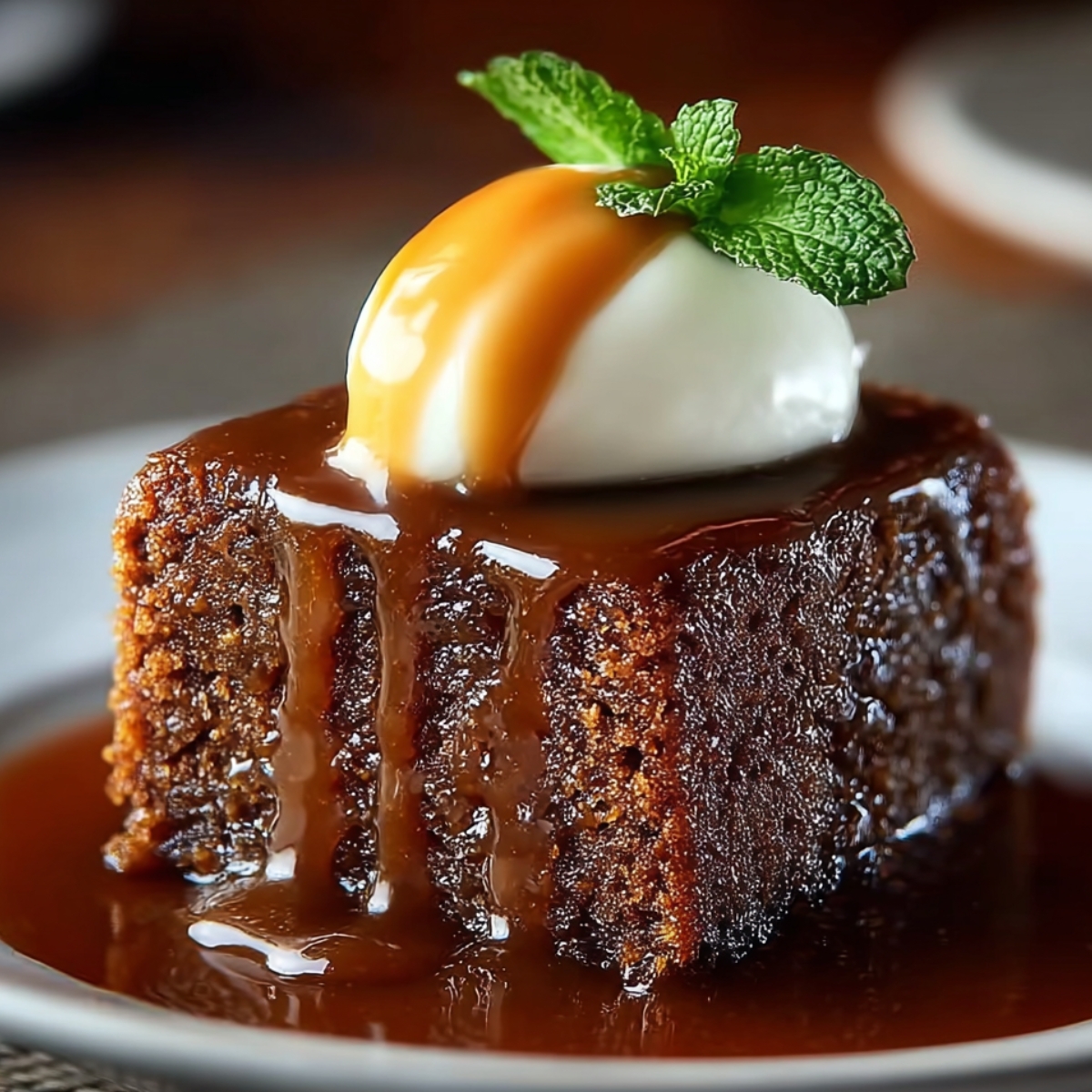 Homemade Sticky Toffee Pudding covered in warm toffee sauce, topped with a scoop of melting vanilla ice cream while more sauce is being poured over it.