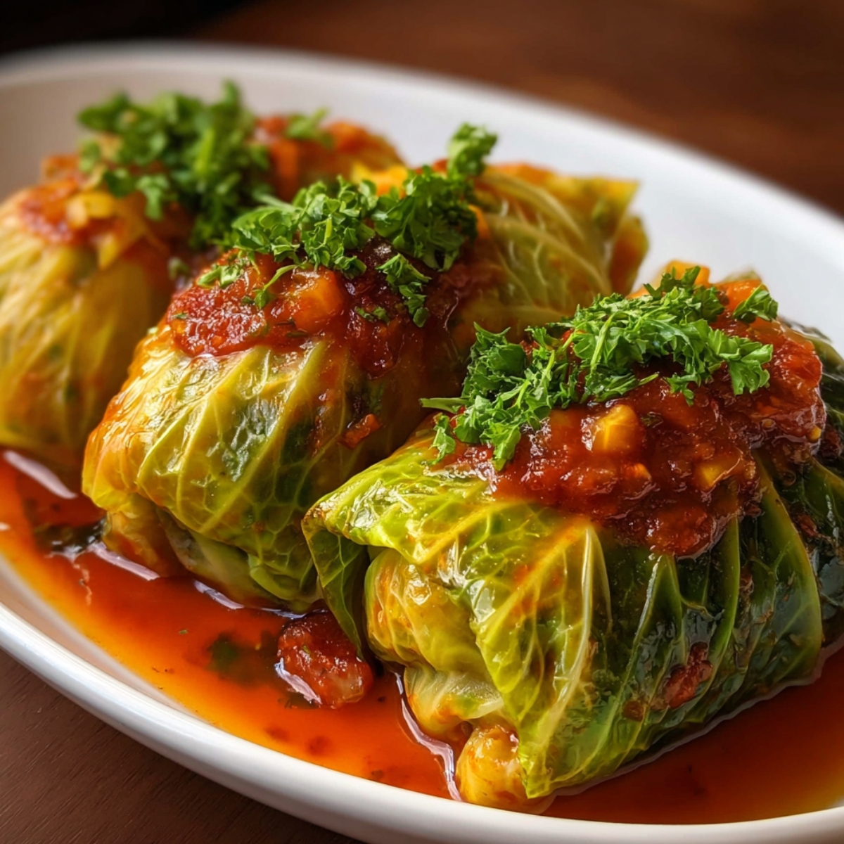 Homemade stuffed cabbage rolls topped with chunky tomato sauce and fresh parsley on a white serving plate.