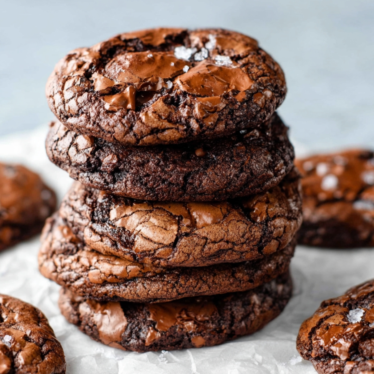 Stack of homemade brownie mix cookies with shiny crackled tops, melted chocolate chunks, and flaky sea salt on parchment paper.