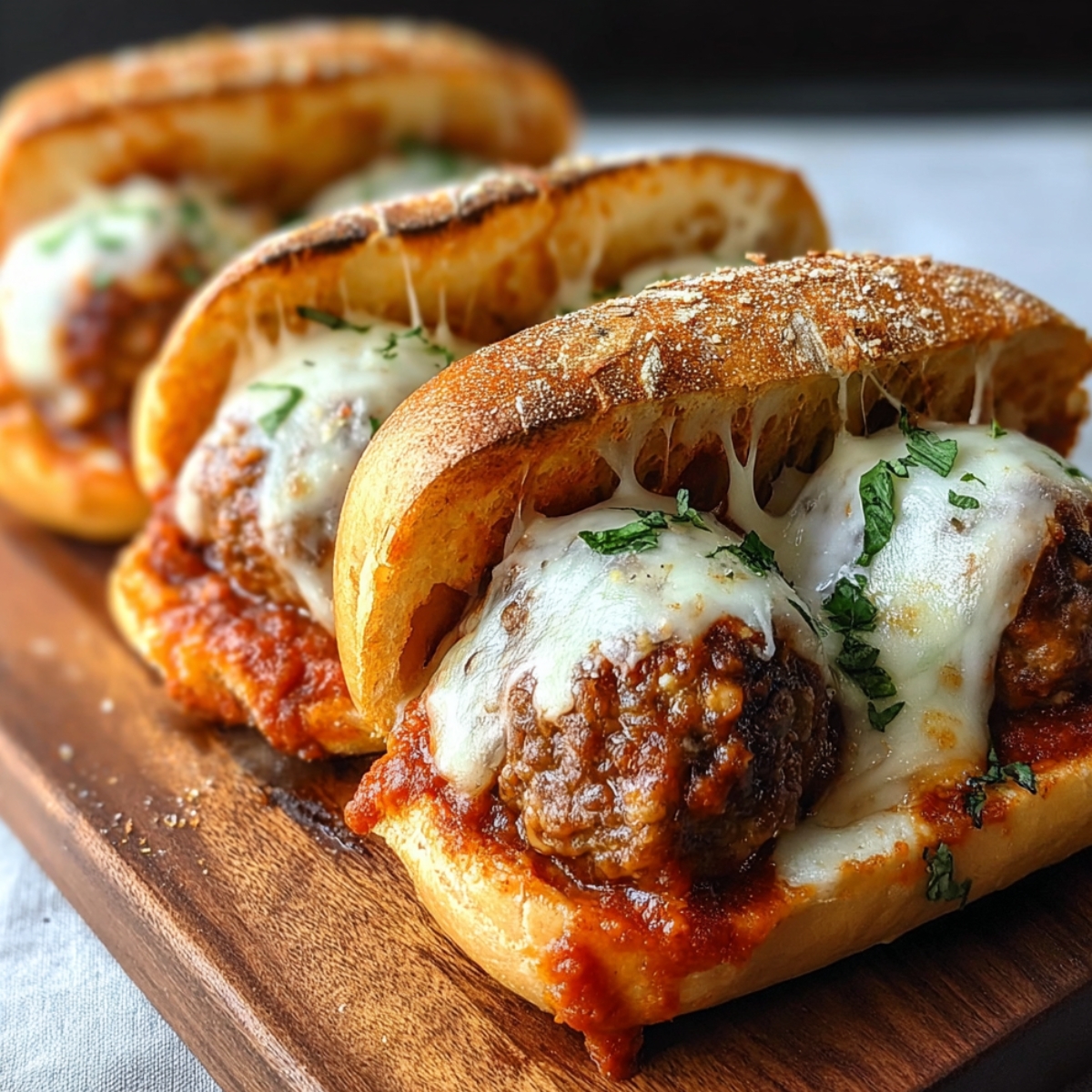 Close-up of homemade cheesy meatball subs topped with melted mozzarella and fresh herbs on toasted hoagie rolls.