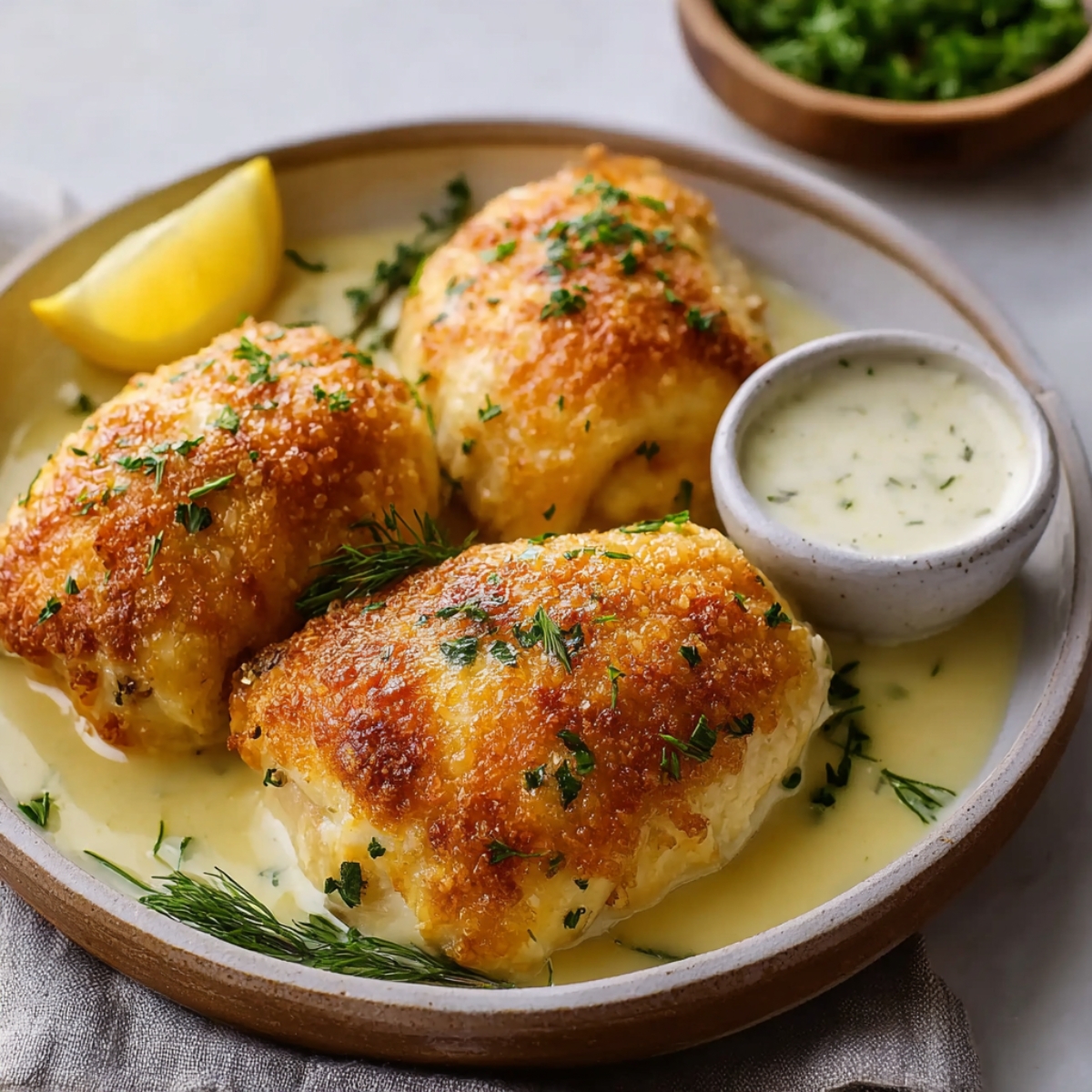 Homemade chicken pillows baked to a golden crisp, served with creamy herb sauce, fresh dill and parsley, and a lemon wedge on the side.