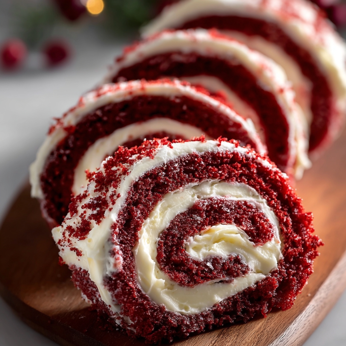 Homemade Christmas red velvet cake roll with creamy white filling, sliced and served on a white platter, decorated with fresh evergreen sprigs and red berries.