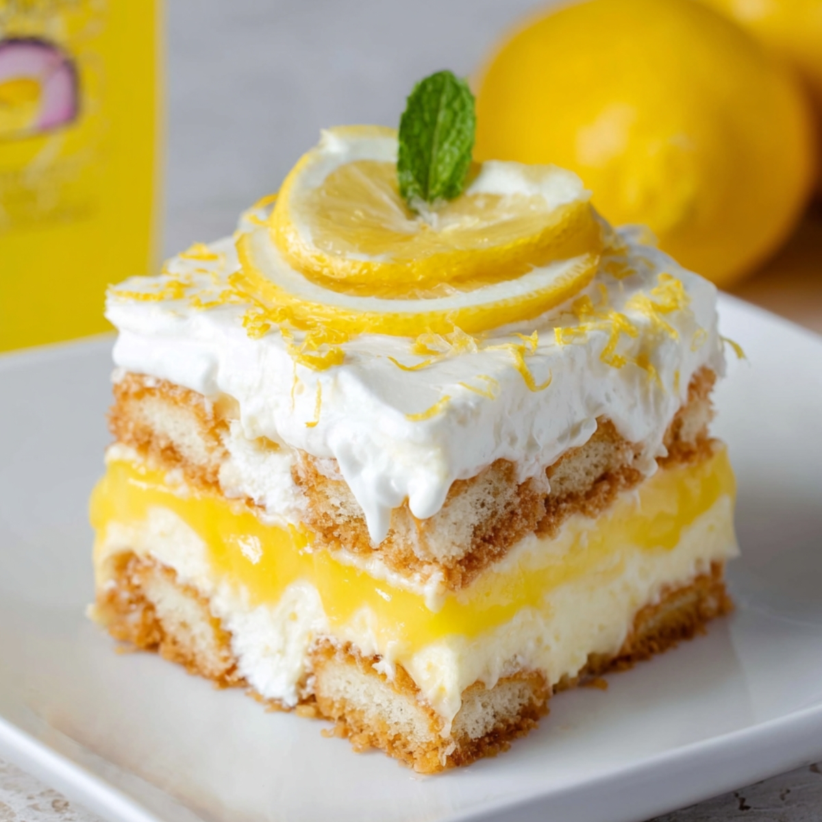 A homemade slice of lemon tiramisu topped with lemon slices and dripping lemon curd, layered with ladyfingers, cream, and bright yellow filling on a white plate.