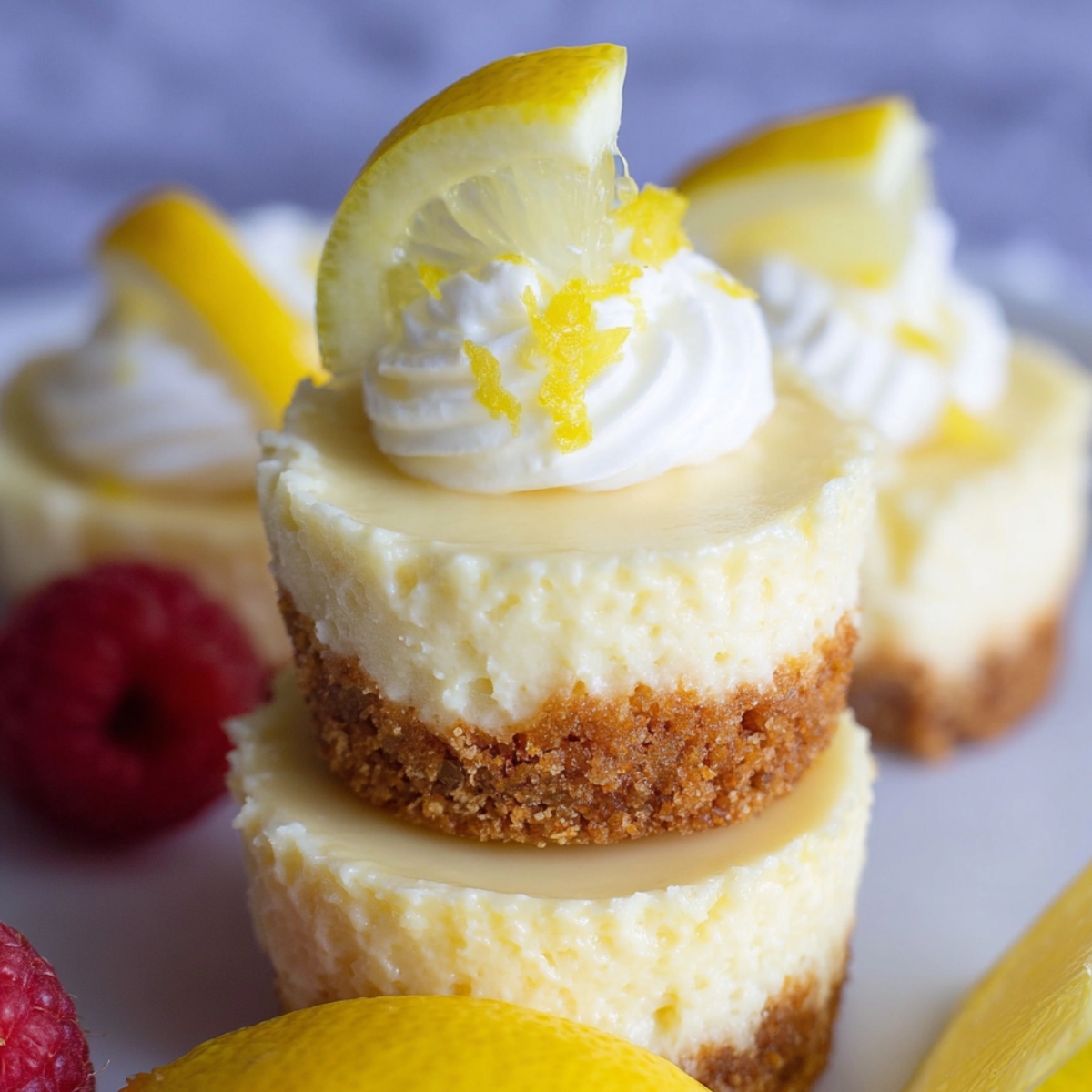 Homemade mini lemon cheesecakes with a golden graham cracker crust, topped with whipped cream, lemon zest, and a lemon slice, stacked and surrounded by fresh lemons and raspberries.