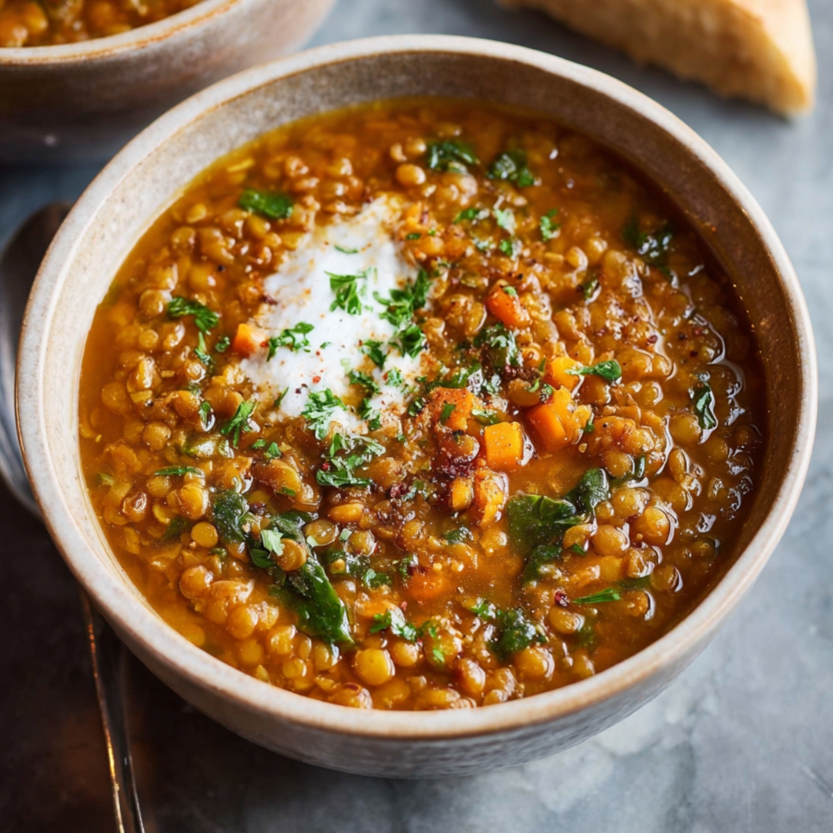 A warm bowl of homemade lentil soup topped with fresh herbs and a swirl of cream, served with bread on the side.