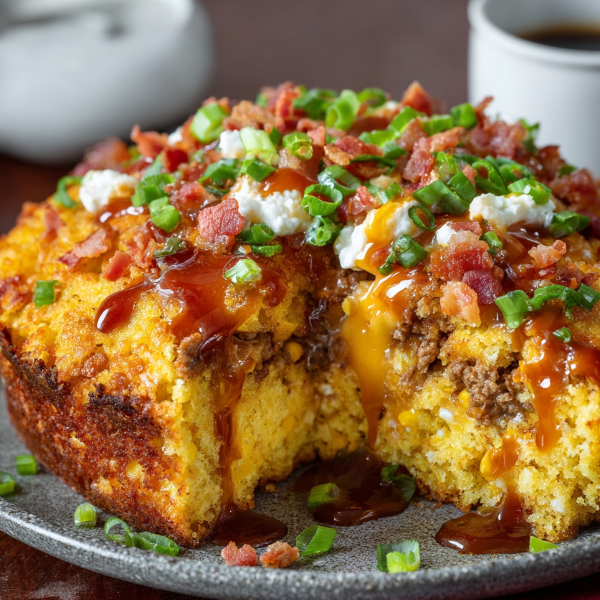 A homemade loaded cornbread casserole topped with bacon, cheese, green onions, and savory sauce.