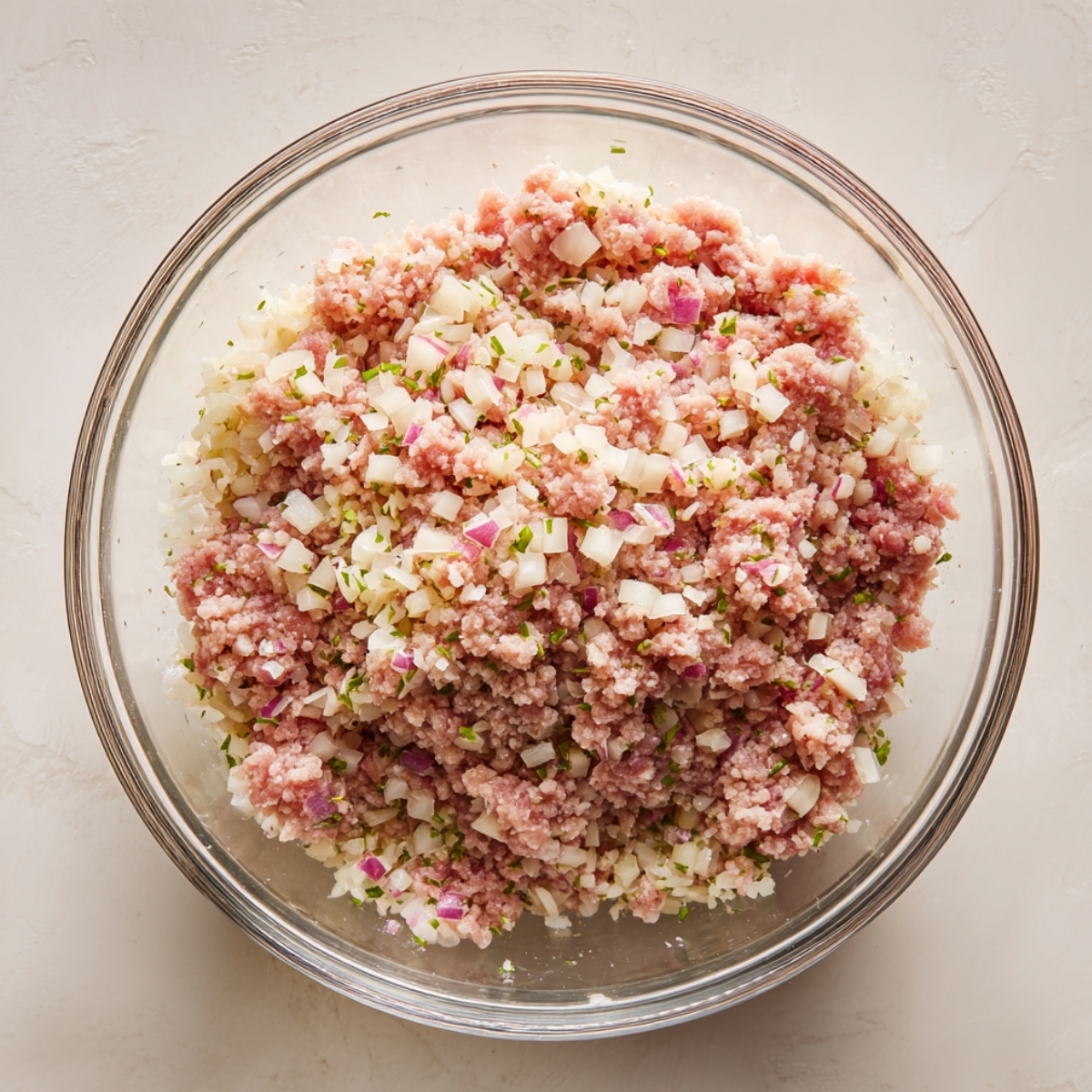 Glass bowl filled with a homemade mixture of ground meat, chopped onions, rice, and herbs on a light kitchen surface.