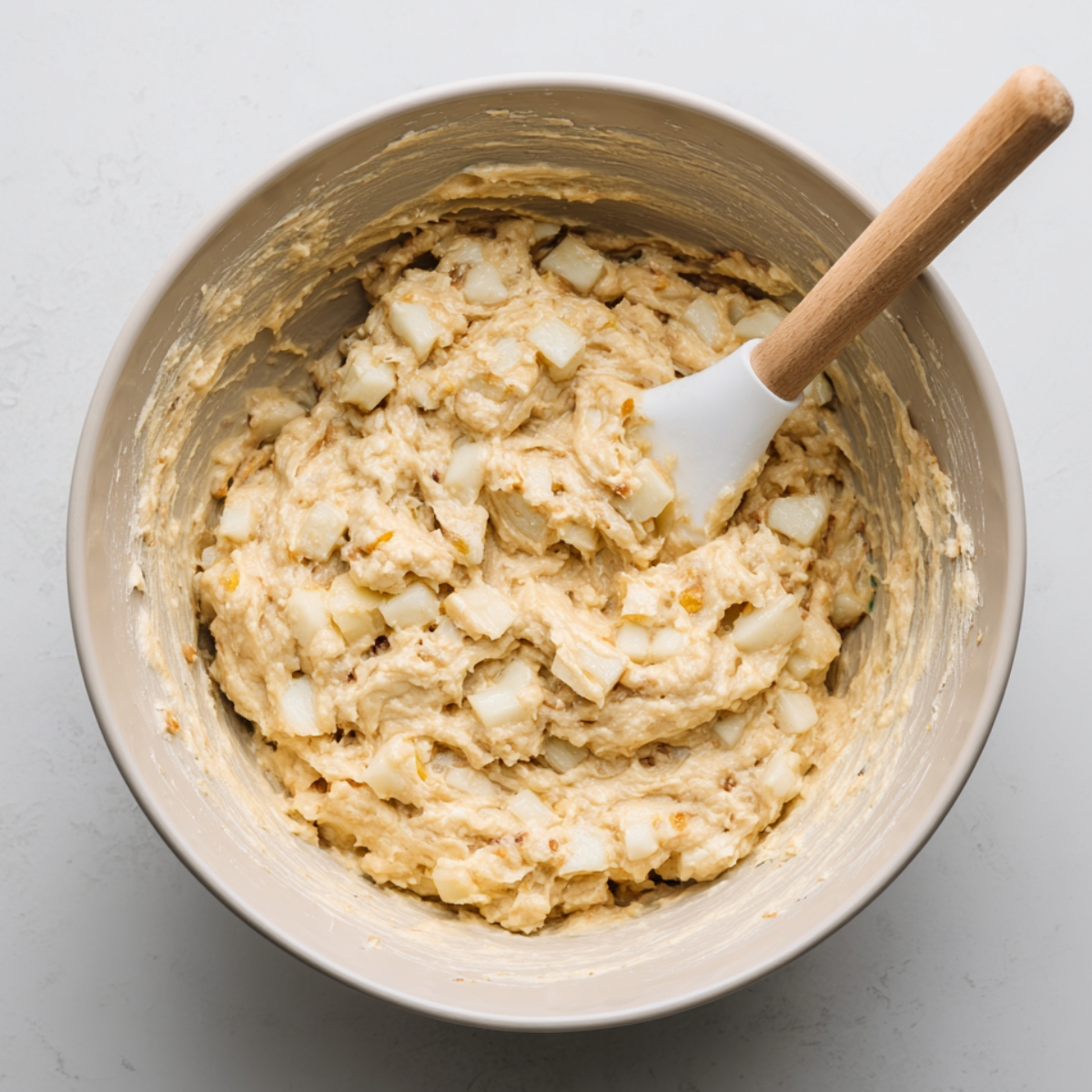 Mixing bowl filled with thick apple fritter batter speckled with diced apples, stirred with a white spatula with a wooden handle on a light kitchen countertop.
