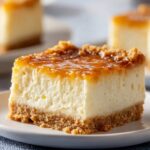 Neiman Marcus Cake slice with a caramelized golden top, creamy center, and crumbly buttery crust on a white plate.