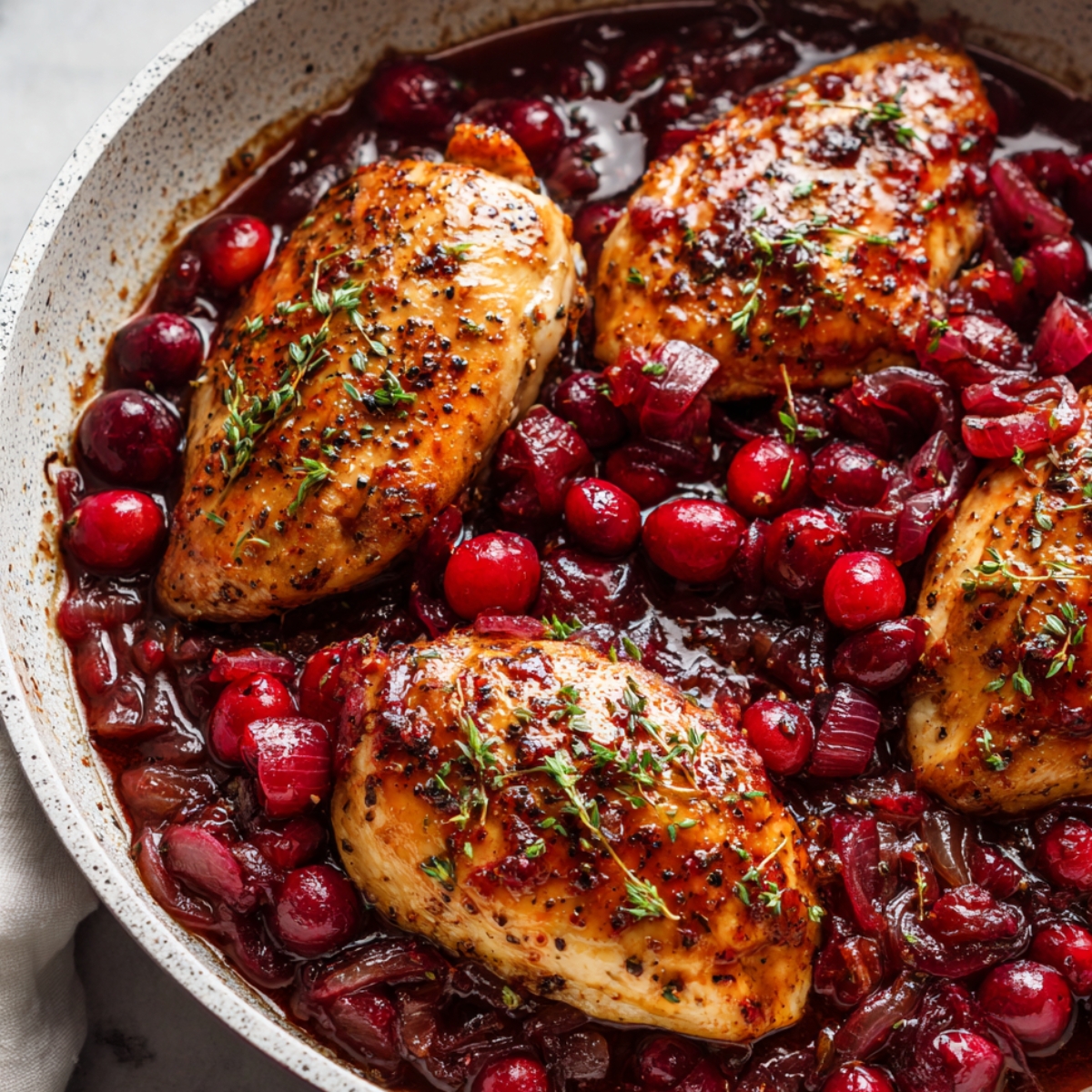 Homemade cranberry orange chicken simmering in a skillet with fresh cranberries, caramelized onions, and herbs in a rich, glossy sauce.