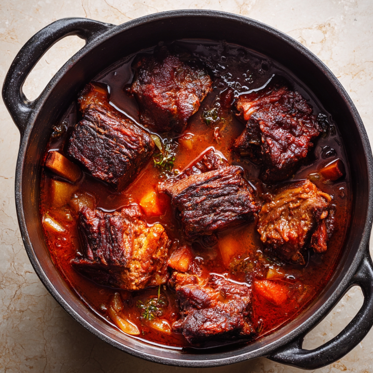 Braised short ribs simmering in a pot with vegetables and rich red sauce.