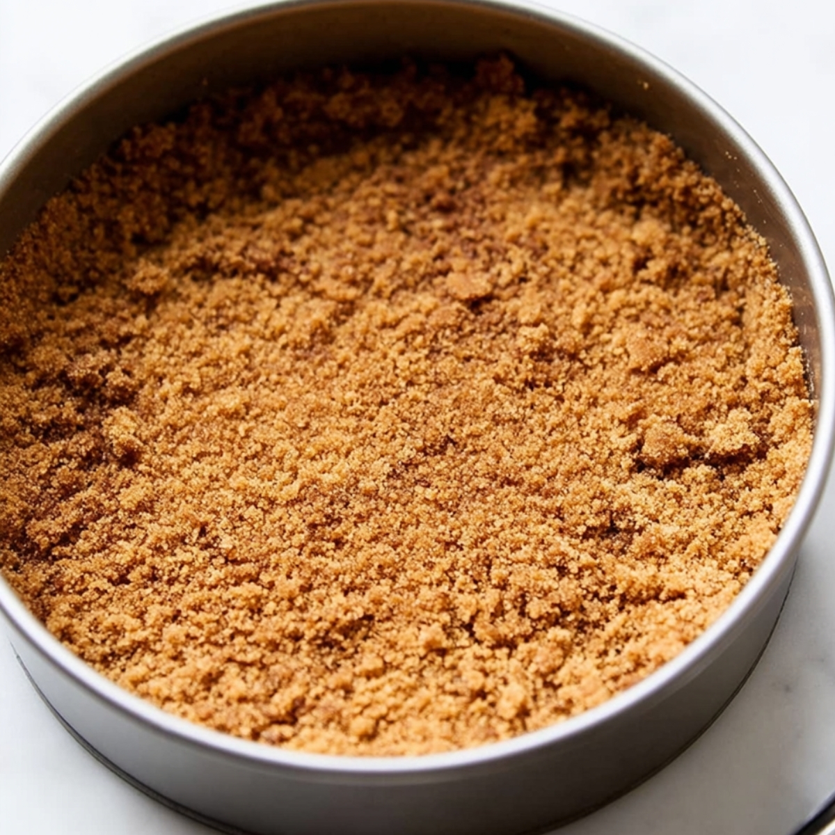 A homemade graham cracker crust pressed into a round baking pan for pumpkin swirl cheesecake.