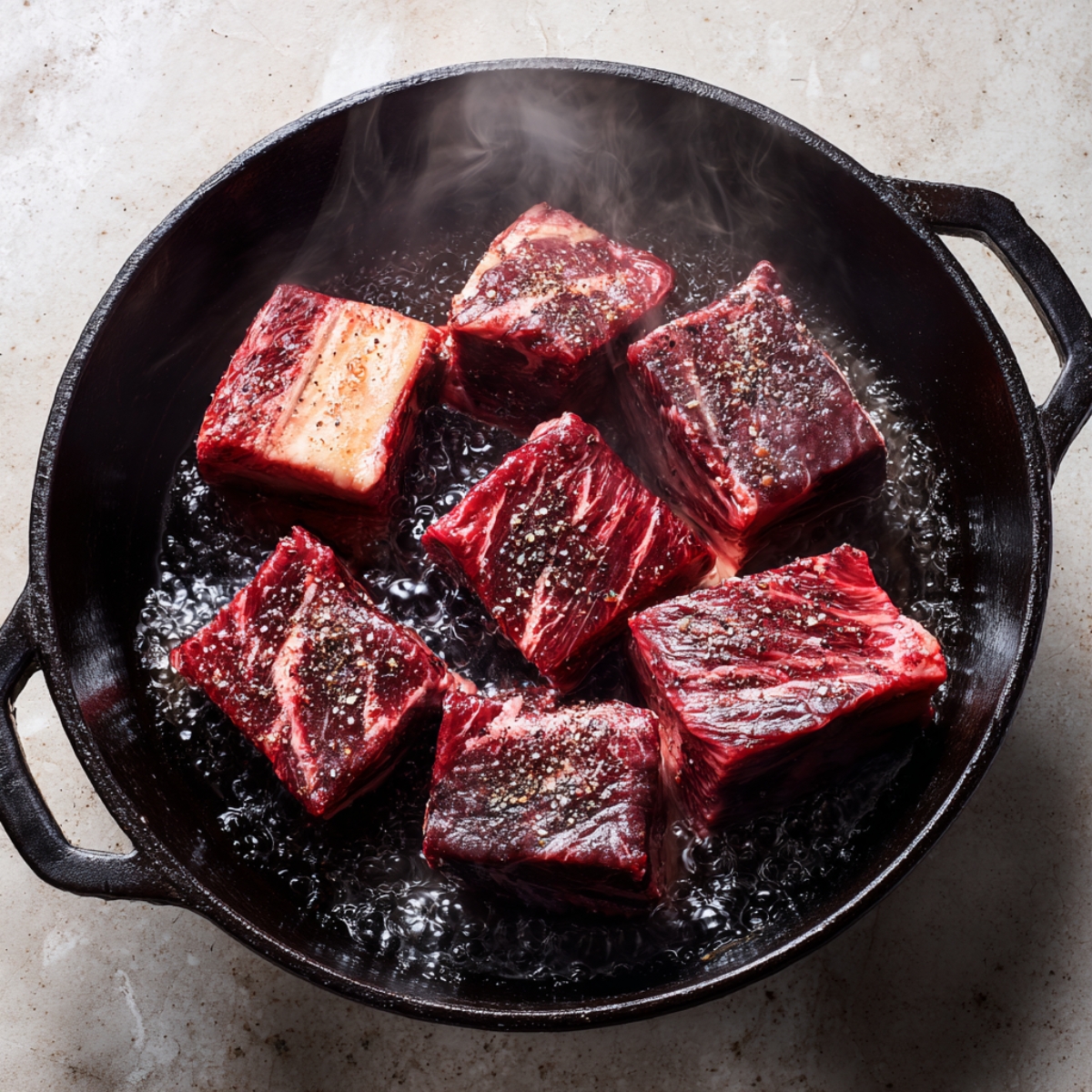 Raw beef short ribs sizzling in a cast-iron pan, seasoned with salt and pepper as they begin to sear.