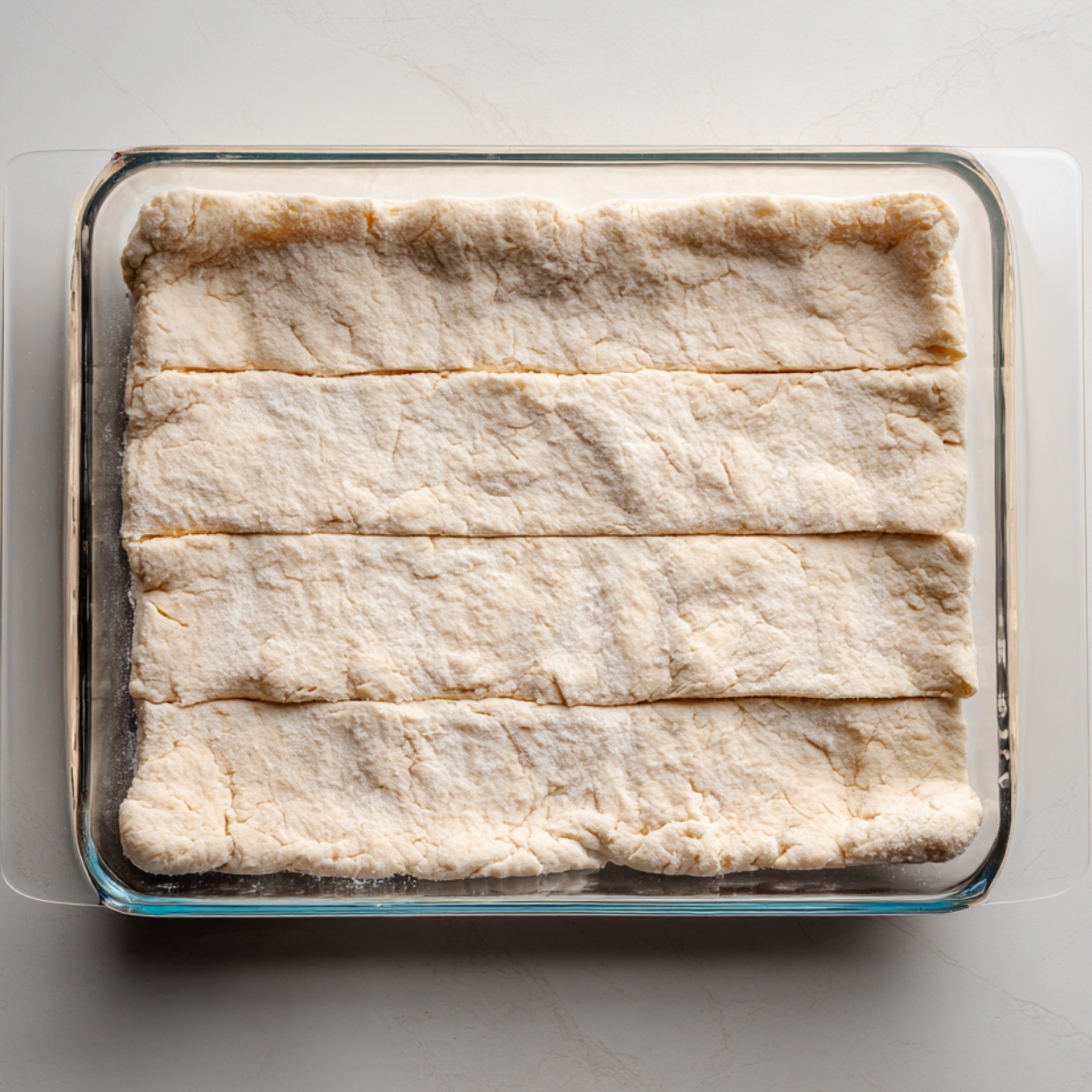 Homemade churro cheesecake in progress, showing a glass baking dish lined with an even layer of unbaked crescent dough pressed together, with visible seams and a lightly floured, rustic texture.