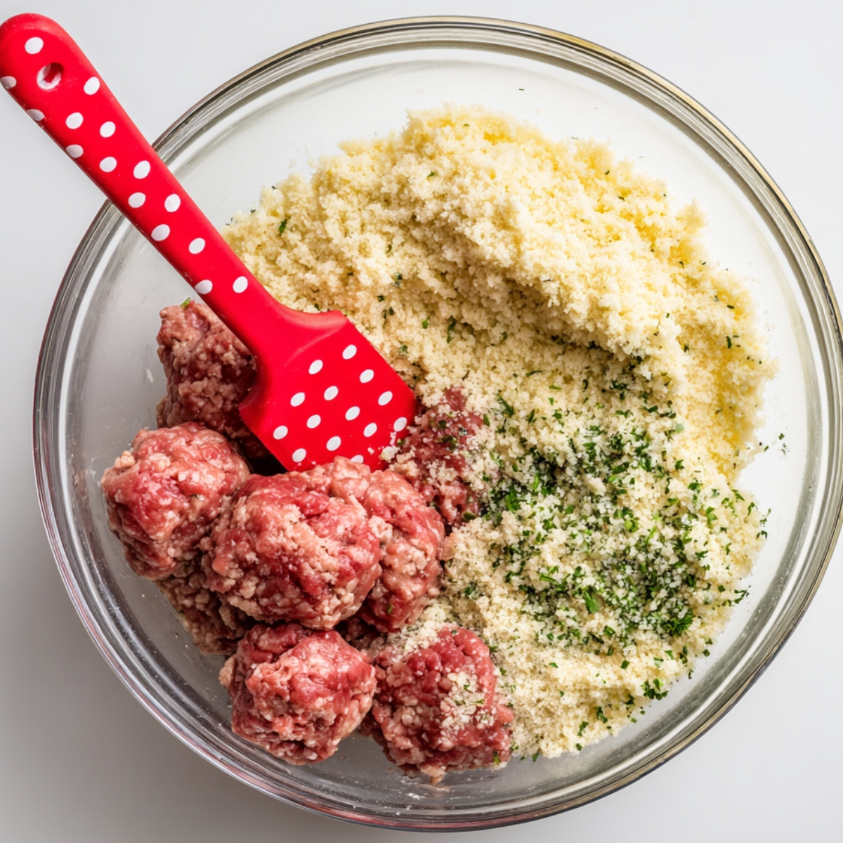 Ground beef and seasoned breadcrumbs in a glass bowl with a red spatula, ready for mixing into meatballs.