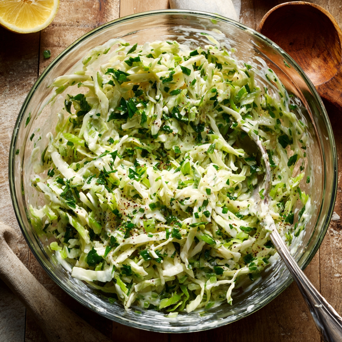 Homemade herby slaw in a glass bowl, made with shredded cabbage, parsley, and green onions tossed in creamy dressing, sprinkled with black pepper, and stirred with a spoon on a rustic wooden table beside a lemon half.