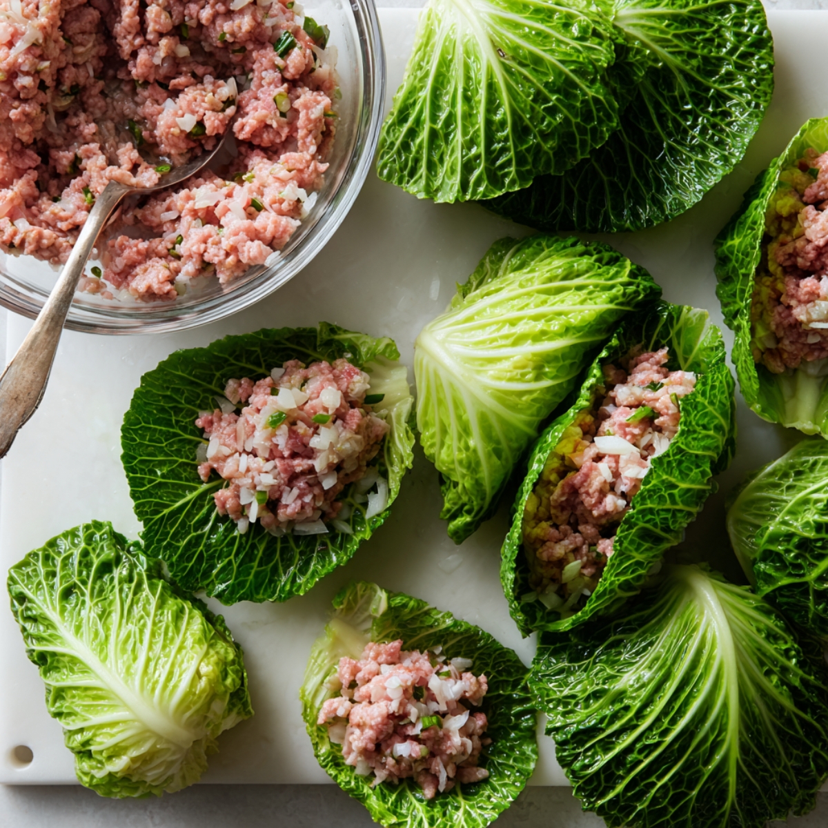 Fresh cabbage leaves being filled with a homemade mixture of ground meat, rice, and onions on a cutting board, with a bowl of the filling and spoon beside them.