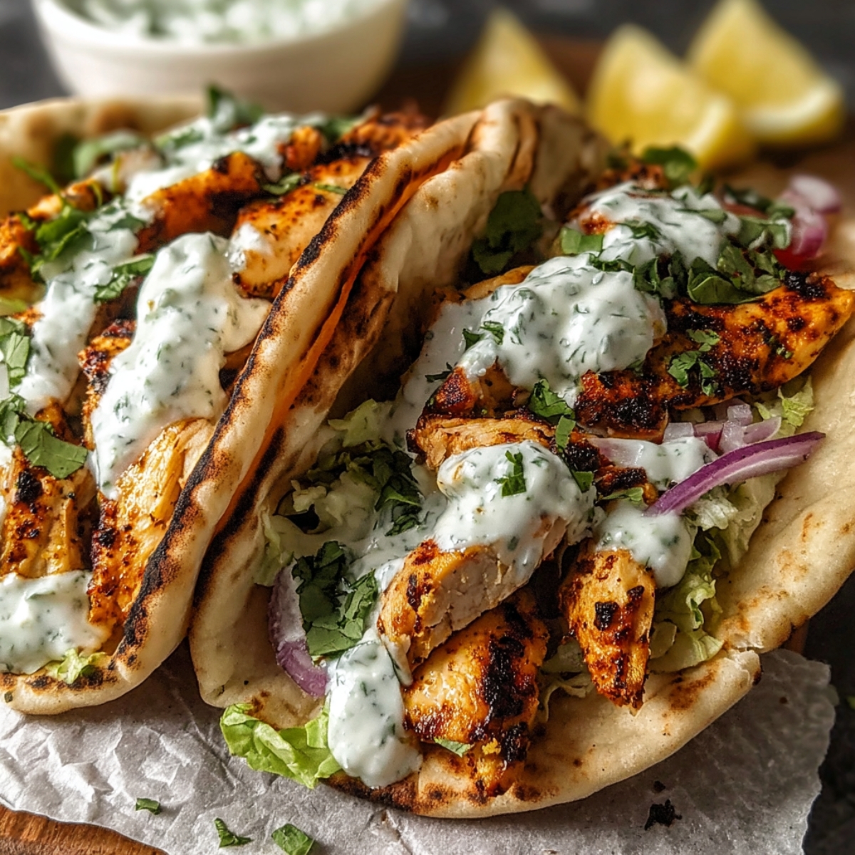 Sheet Pan Chicken Pitas stuffed with juicy grilled chicken, lettuce, and red onions, drizzled with creamy tzatziki sauce and sprinkled with fresh herbs, served on warm pita bread with lemon wedges in the background.