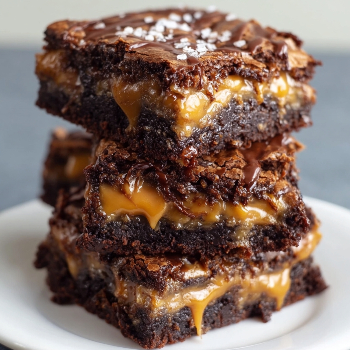 Stack of homemade Outrageous Snickers Brownies with rich chocolate layers, gooey caramel filling, and a glossy drizzle on top, sprinkled with flaky sea salt, served on a white plate for a delicious, real, and freshly baked look.