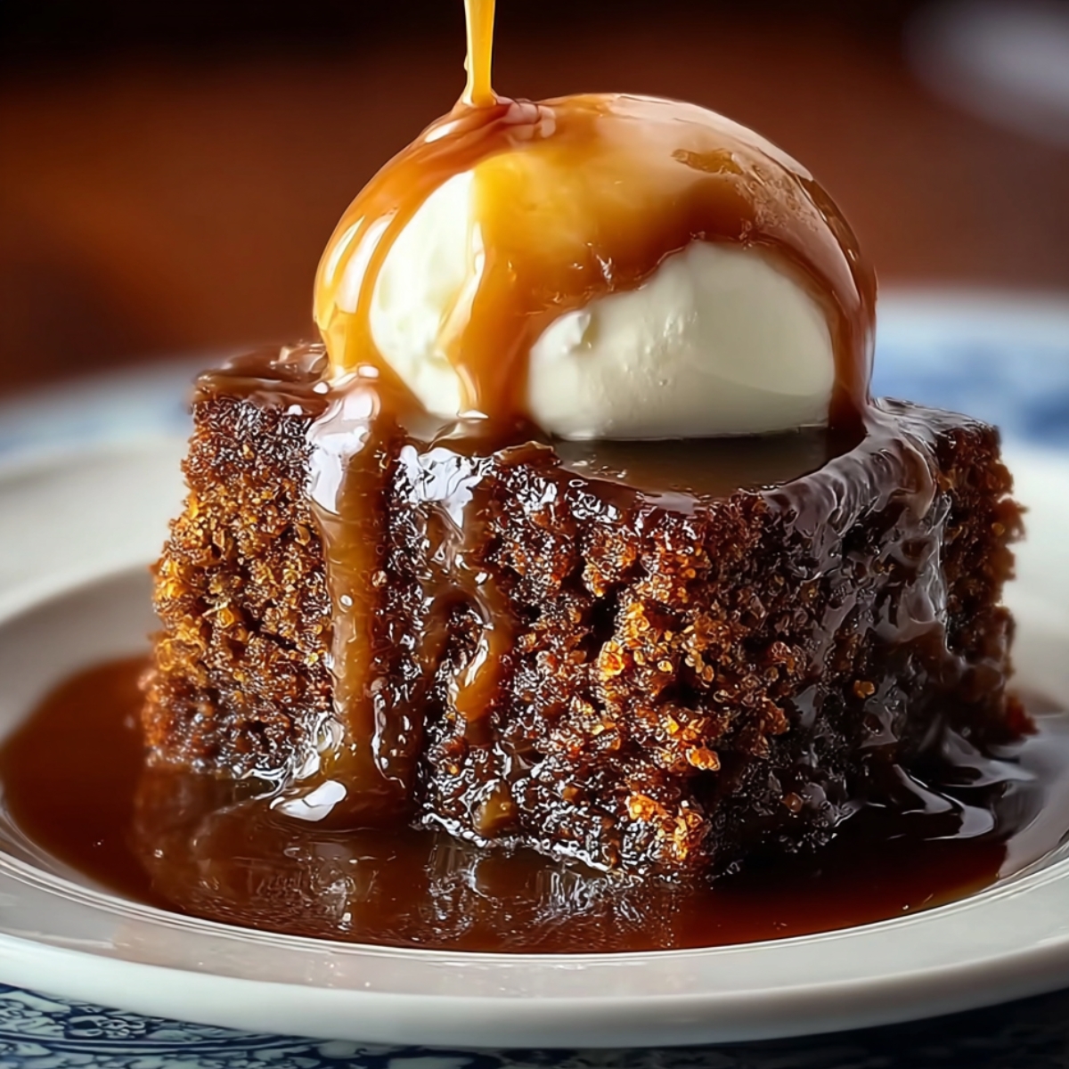 A homemade slice of sticky toffee pudding topped with vanilla ice cream and covered in warm toffee sauce, served on a rustic plate.