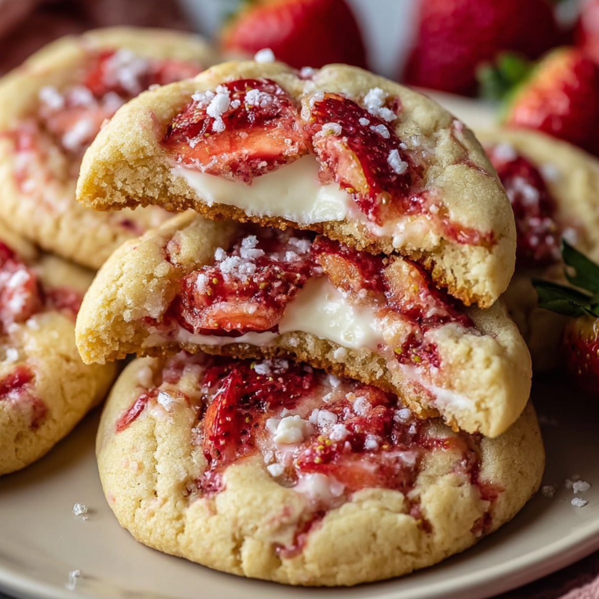 Homemade strawberry cheesecake cookies topped with fresh strawberry pieces and coarse sugar, with a gooey cream-cheese center revealed in the broken cookie.