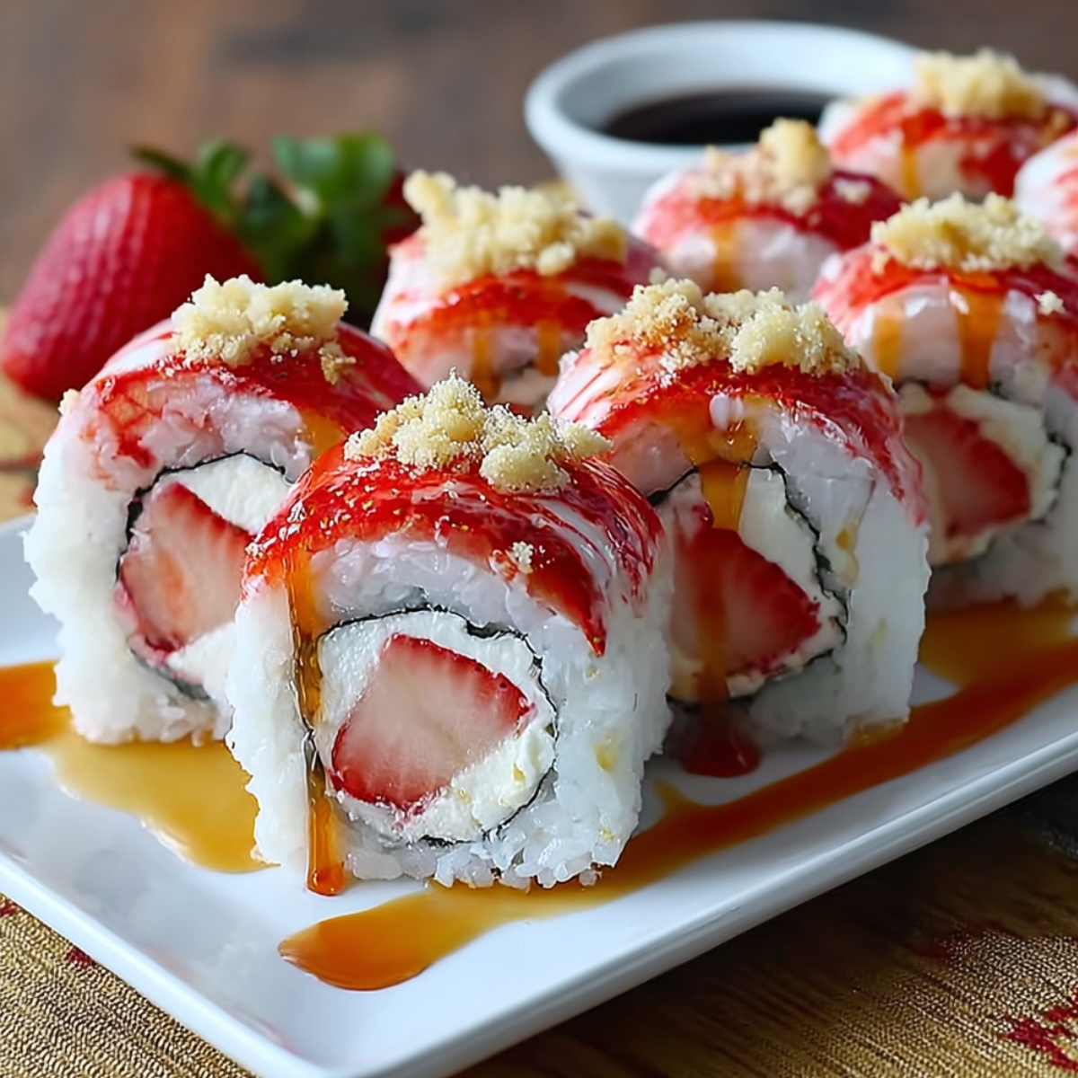 Strawberry Shortcake Sushi Roll with fresh strawberries, whipped cream, and crushed cookie topping drizzled with strawberry and caramel sauce on a white serving plate.