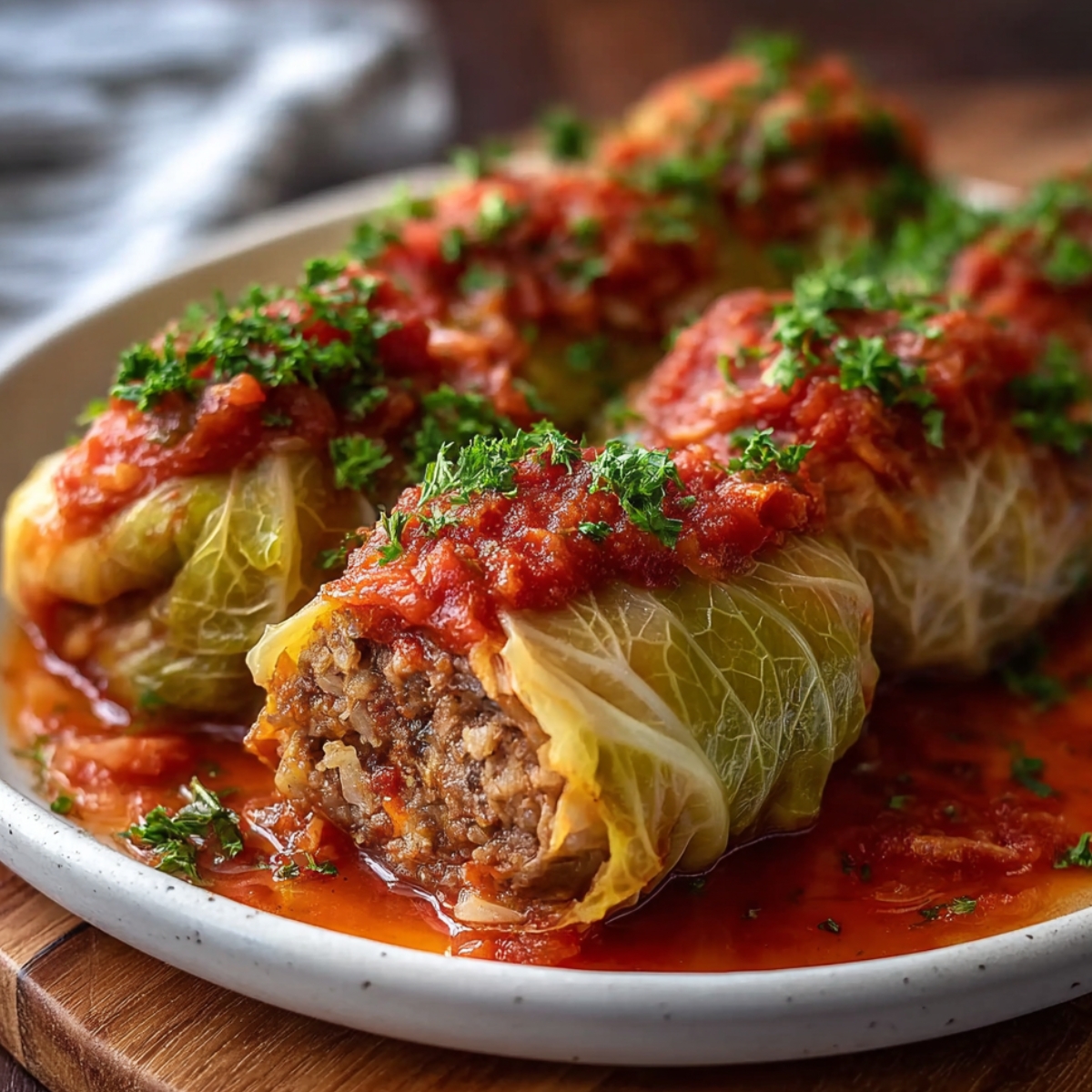 Plate of homemade stuffed cabbage rolls topped with chunky tomato sauce and fresh parsley, with one roll cut open to show the meat and rice filling.