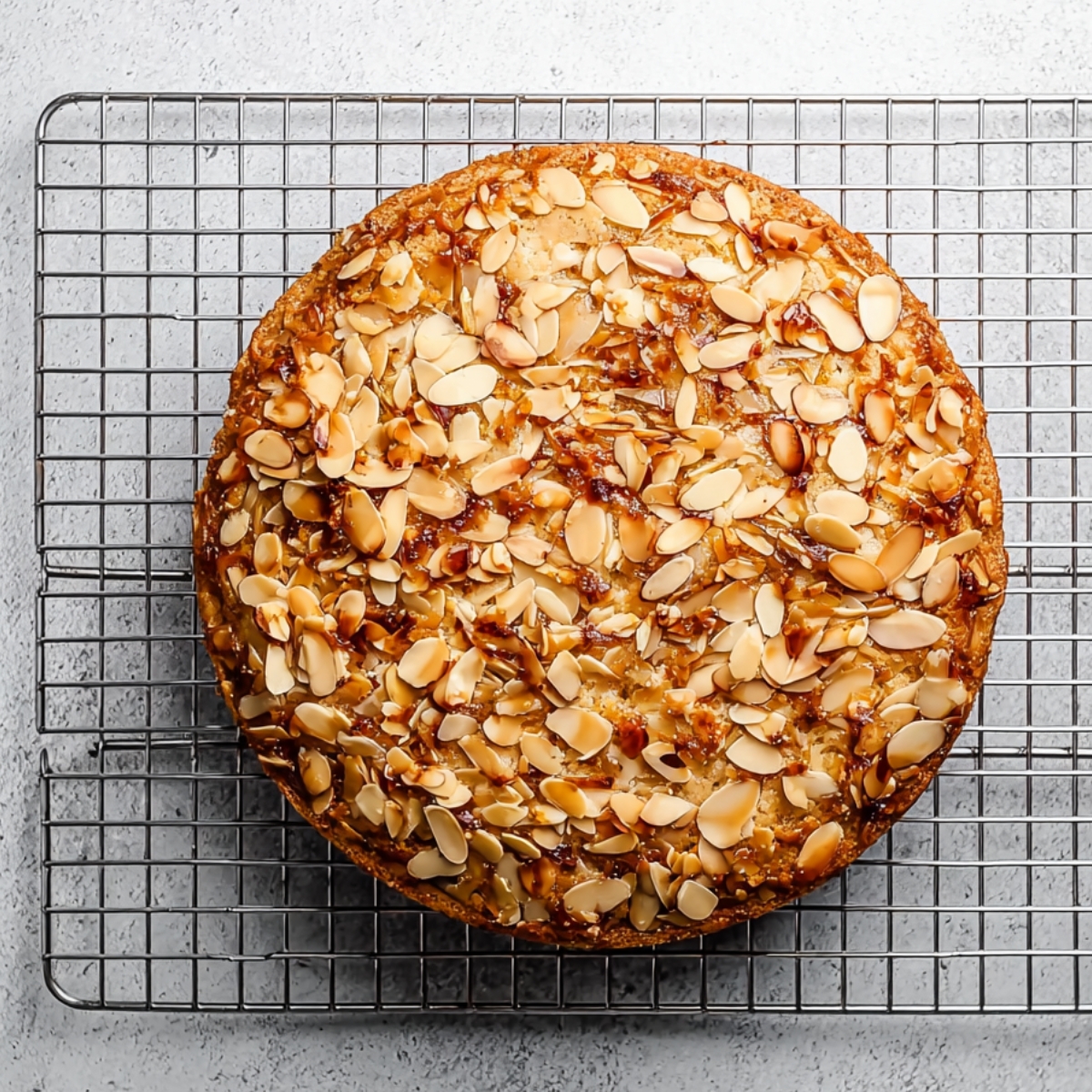 Grease your 9-inch springform pan generously with butter, then dust it with flour and tap out the excess. Punch down the risen dough to release the air, then press it evenly into the bottom of the pan with your fingers. Spread the almond topping gently over the surface, trying to cover it evenly without pressing too hard. Cover the pan and let it rise again until doubled, about 30 minutes. Meanwhile, preheat your oven to 350°F. Bake the cake for 25 to 30 minutes, until the edges are golden brown and the topping is bubbling and toasted. The smell will be incredible. Let it cool in the pan for 20 minutes.