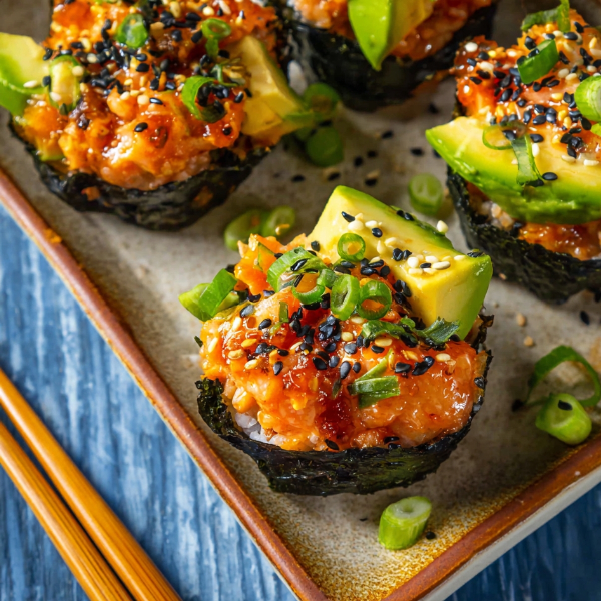 Baked Salmon Sushi Cups topped with avocado, green onions, and sesame seeds, with chopsticks picking up one of the cups.