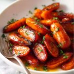 Brown Sugar Glazed Carrots on a white plate, caramelized and glossy, sprinkled with fresh herbs and served with a fork.
