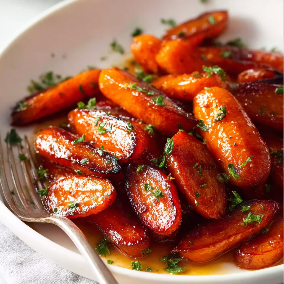 Brown Sugar Glazed Carrots on a white plate, caramelized and glossy, sprinkled with fresh herbs and served with a fork.