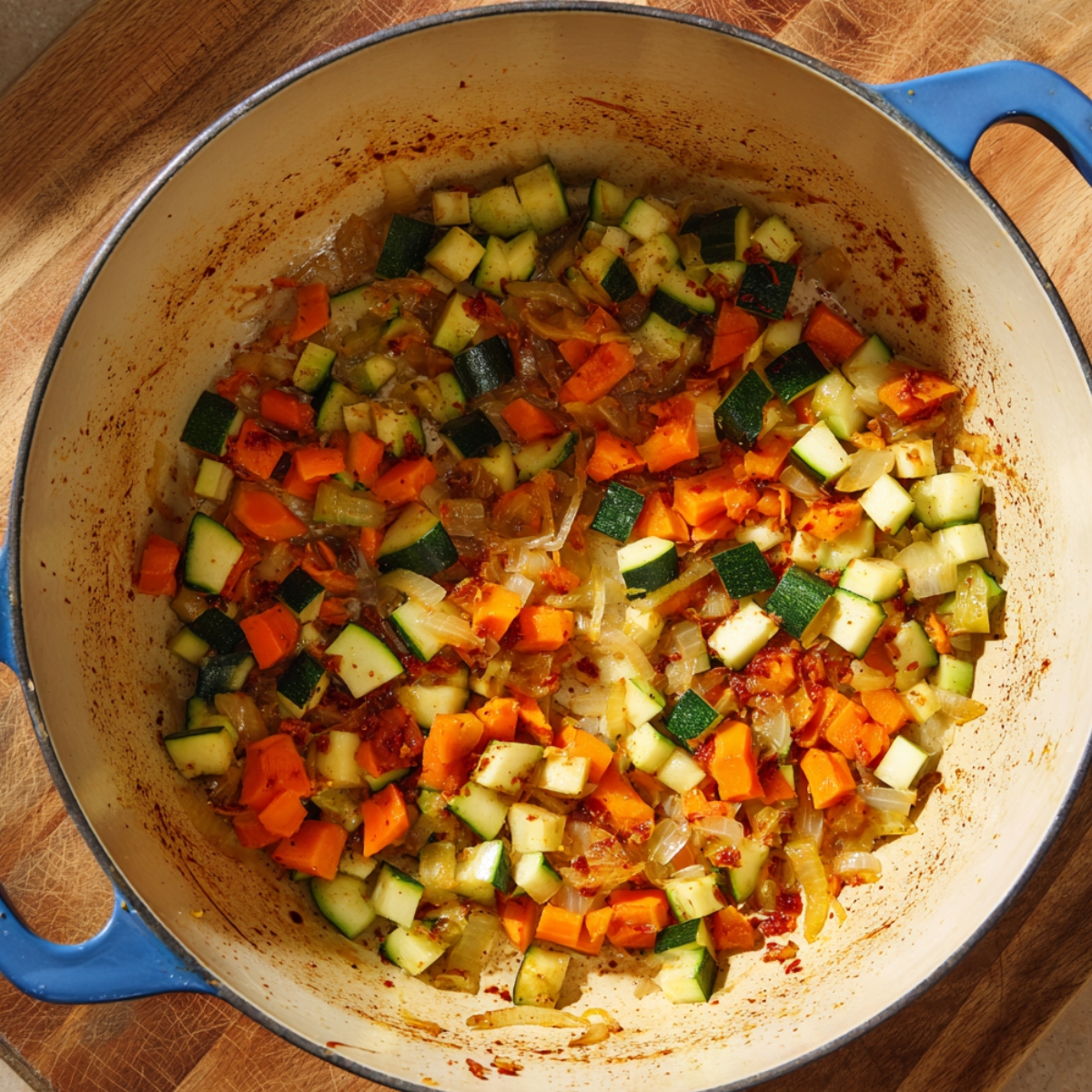 Chopped vegetables sautéing in a large pot as the base for homemade orzo vegetable soup.