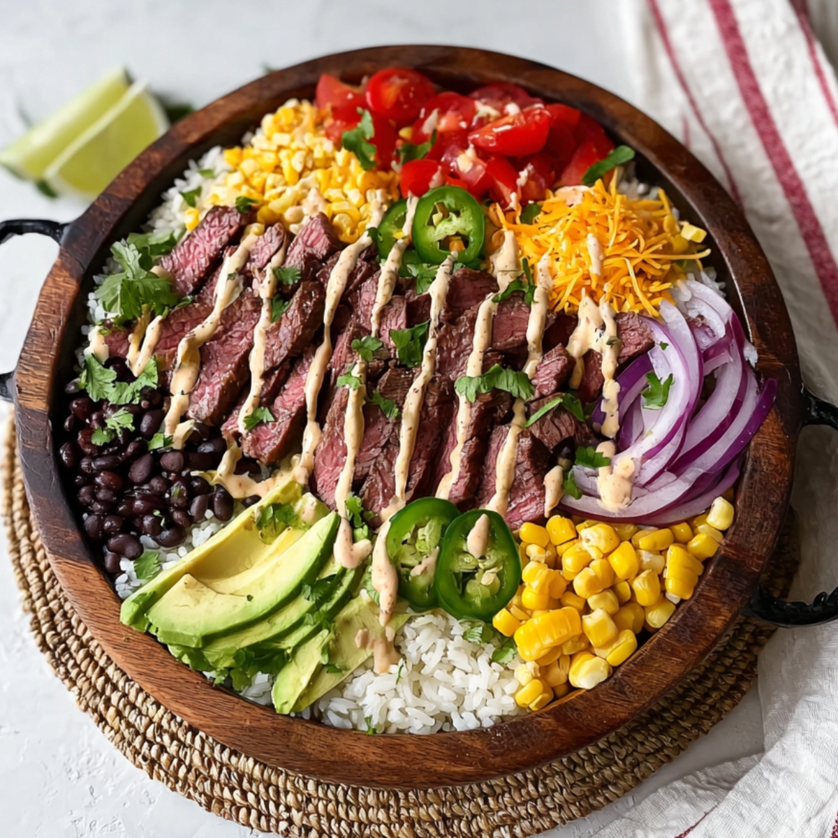 A homemade Cilantro Lime Steak Bowls filled with sliced grilled steak, rice, black beans, avocado, corn, tomatoes, red onion, jalapeños, shredded cheese, and a creamy drizzle, all arranged neatly in a rustic wooden bowl.