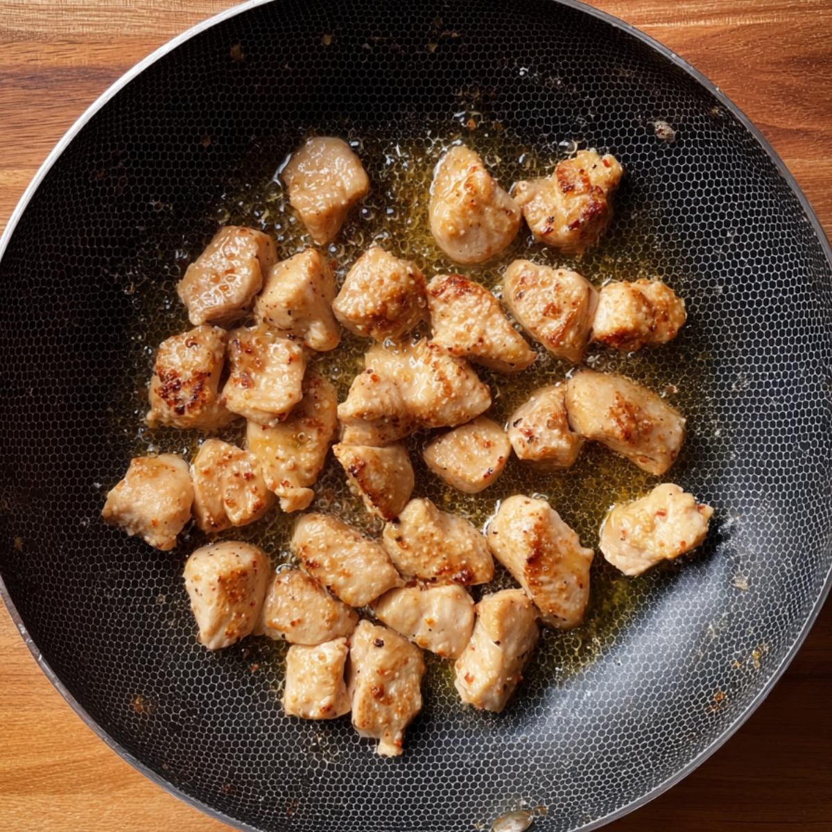 In a bowl, mix the diced chicken with flour, cornstarch, salt, pepper, and water until you get a slightly sticky coating that clings to each piece. Heat the frying oil in a wok or deep pan over medium heat. Once it's hot, carefully add the chicken and fry for 10 to 12 minutes, flipping occasionally, until each piece turns golden brown and crispy. Remove the chicken and set it aside on a plate lined with paper towels.