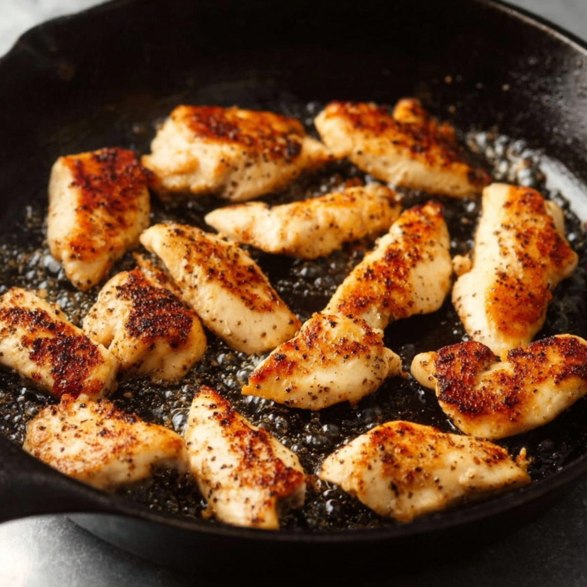 Heat 2 tablespoons of olive oil in a deep skillet over medium-high heat. Cook the chicken in 2 batches to avoid crowding the pan—this ensures each piece gets a nice golden-brown sear. Each batch should take about 3 minutes per side, until the chicken reaches 165°F and looks lightly browned. The second batch might cook a bit faster, so keep an eye on the heat. Add another tablespoon of oil if the pan looks dry. Transfer the cooked chicken to a plate.