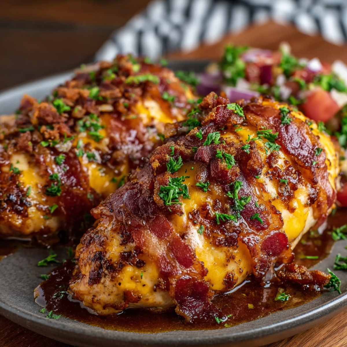 Cowboy BBQ Bacon Cheddar Chicken topped with crispy bacon, melted cheddar, and fresh parsley on a wooden serving board.