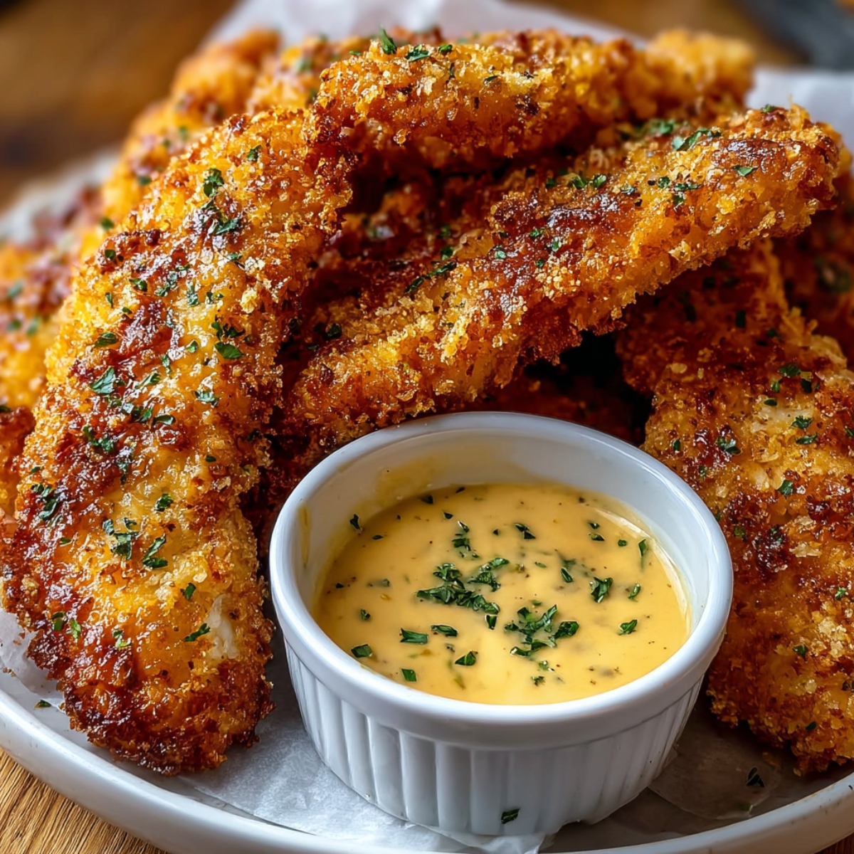 A plate of crispy homemade chicken tenders coated in golden breading, sprinkled with herbs, served beside a small dish of yellow dipping sauce topped with a spoonful of dark red jam.