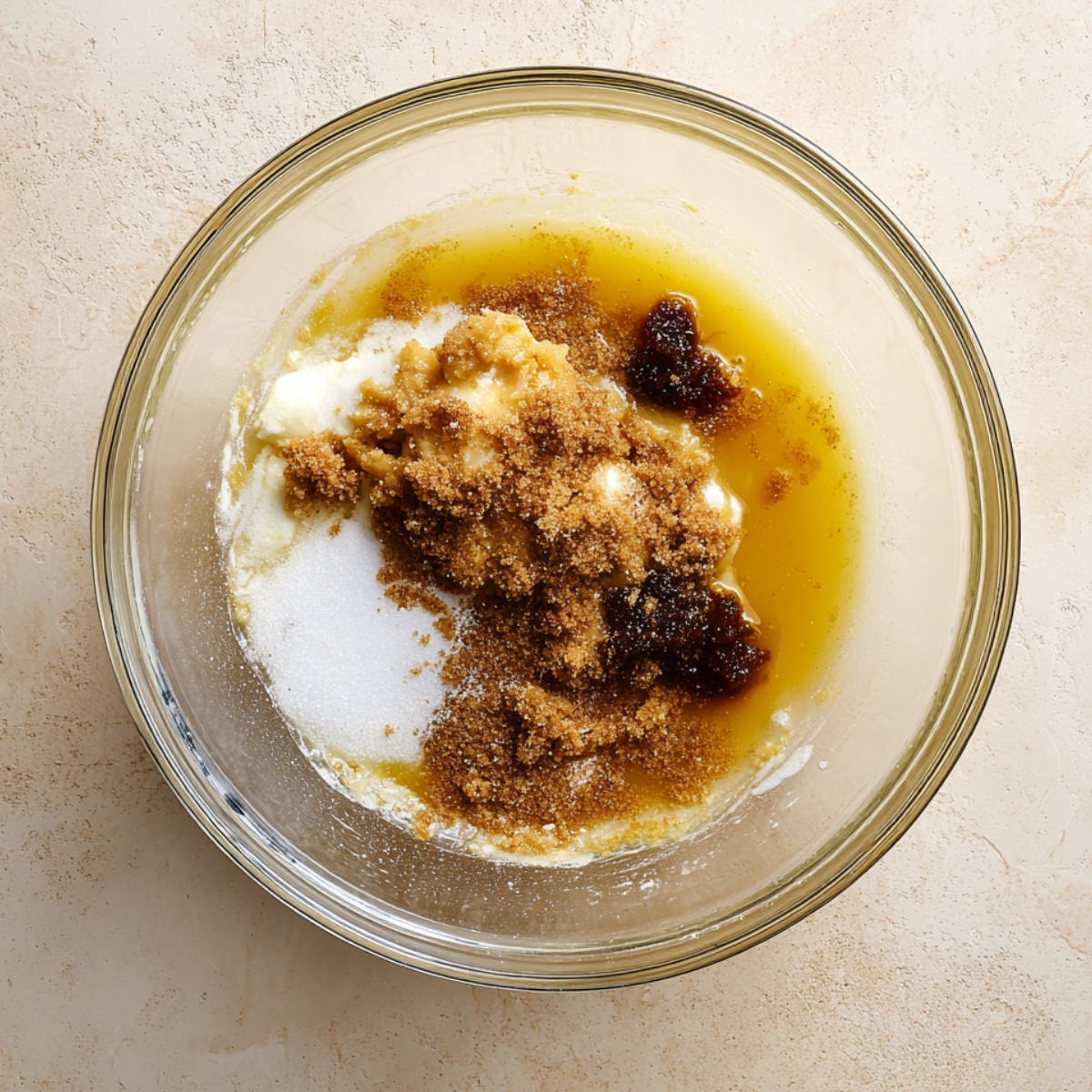 Once the butter has cooled, add both the granulated sugar and dark brown sugar. Whisk everything together with a spatula for about 1 minute, or use your stand mixer with the paddle attachment. The mixture should look smooth and well combined.