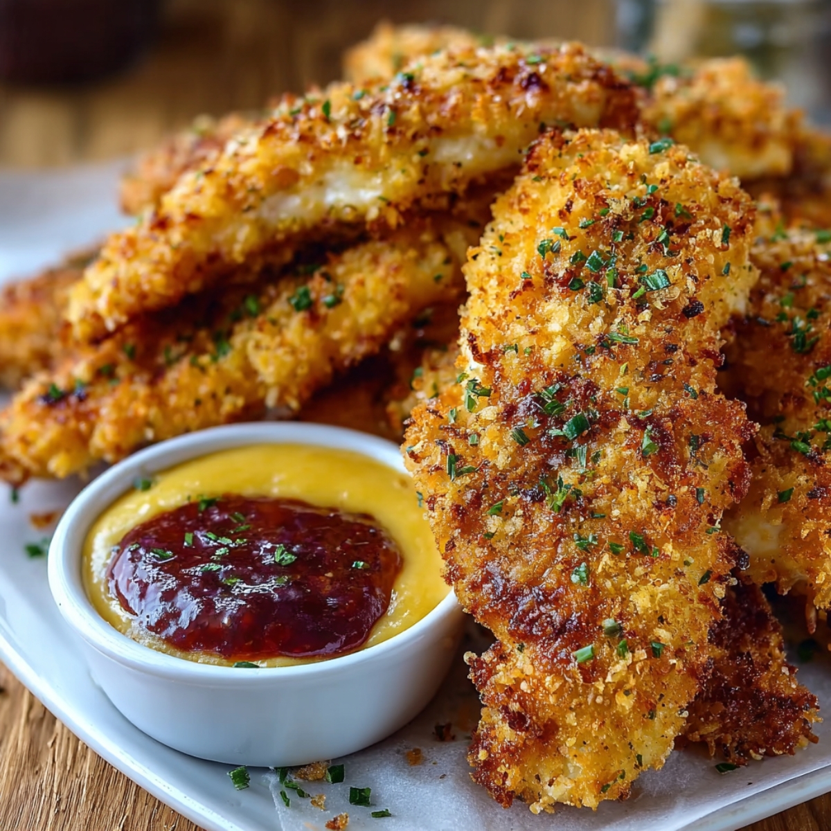 Easy Crack Chicken Tenders Recipe coated in a crunchy seasoning, served with a small dish of creamy dipping sauce topped with herbs.