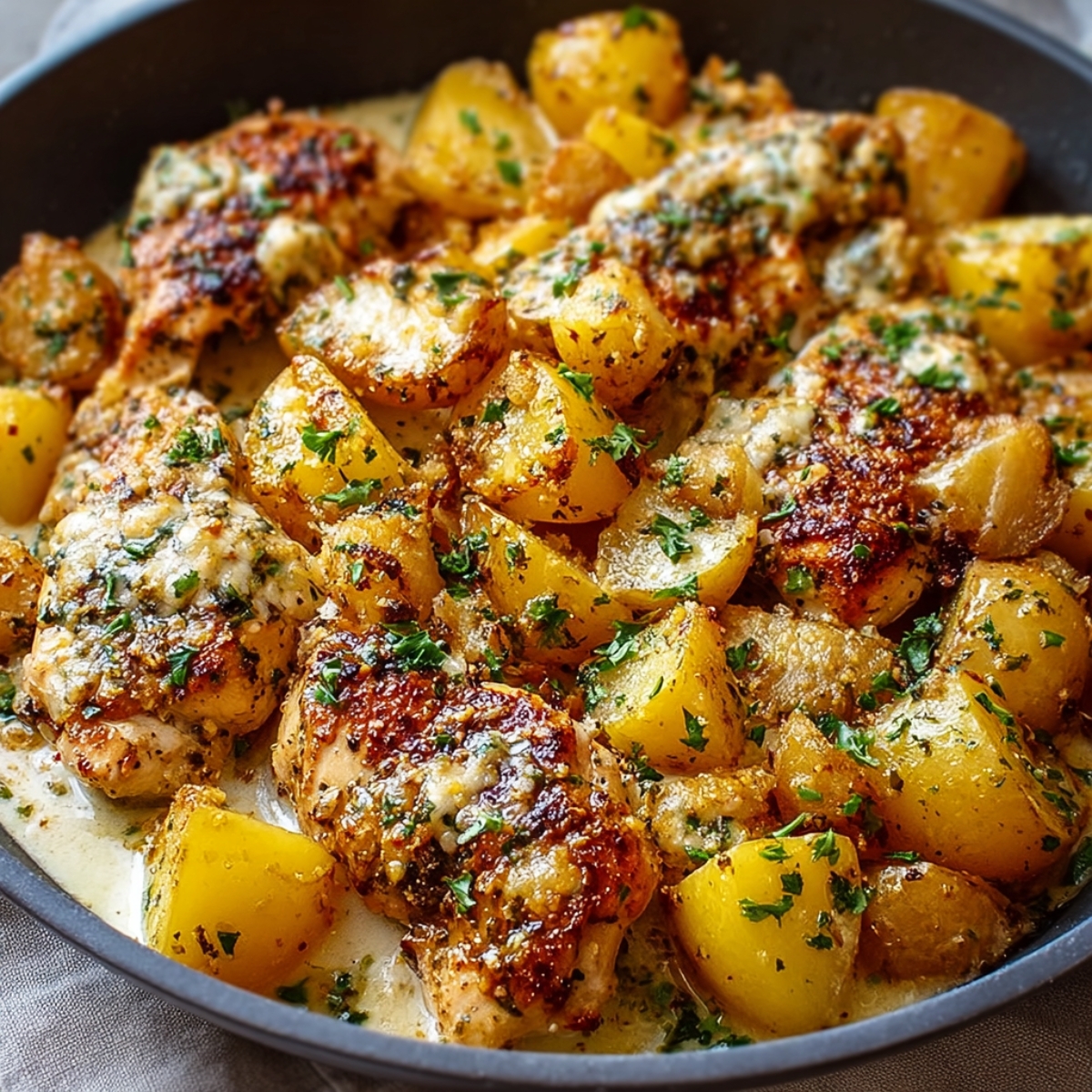 A plate of homemade garlic Parmesan chicken breast with melted cheese, paired with roasted golden potatoes, all garnished with fresh parsley.
