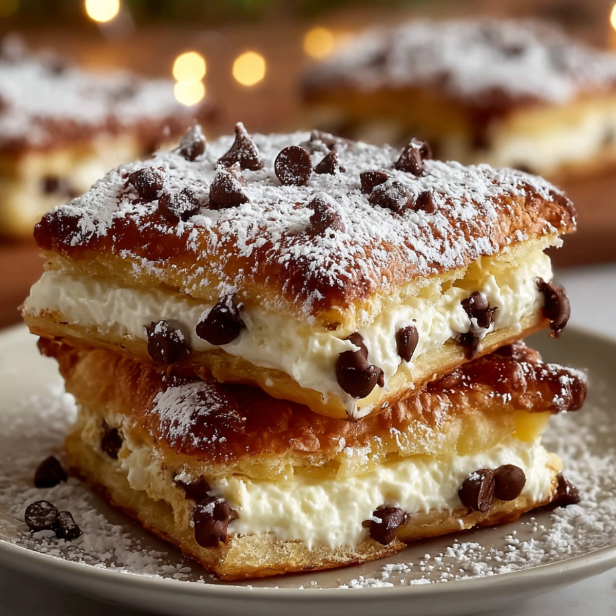 Homemade ricotta cannoli squares stacked on a plate, filled with creamy ricotta and mini chocolate chips, topped with powdered sugar and bits of pistachio.