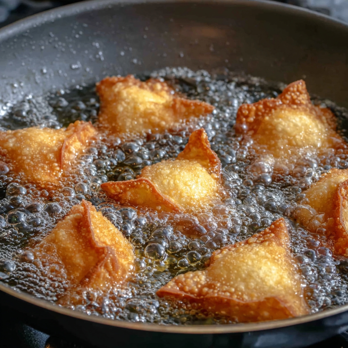 Pour the vegetable oil into a large, deep skillet or saucepan and heat over medium heat until it reaches about 325°F. Use a cooking thermometer to check the temperature for best results. Carefully add 6 to 7 wontons to the hot oil, making sure not to overcrowd the pan. Fry for about 1.5 to 2 minutes, flipping them halfway through, until they turn golden brown and crispy on all sides.