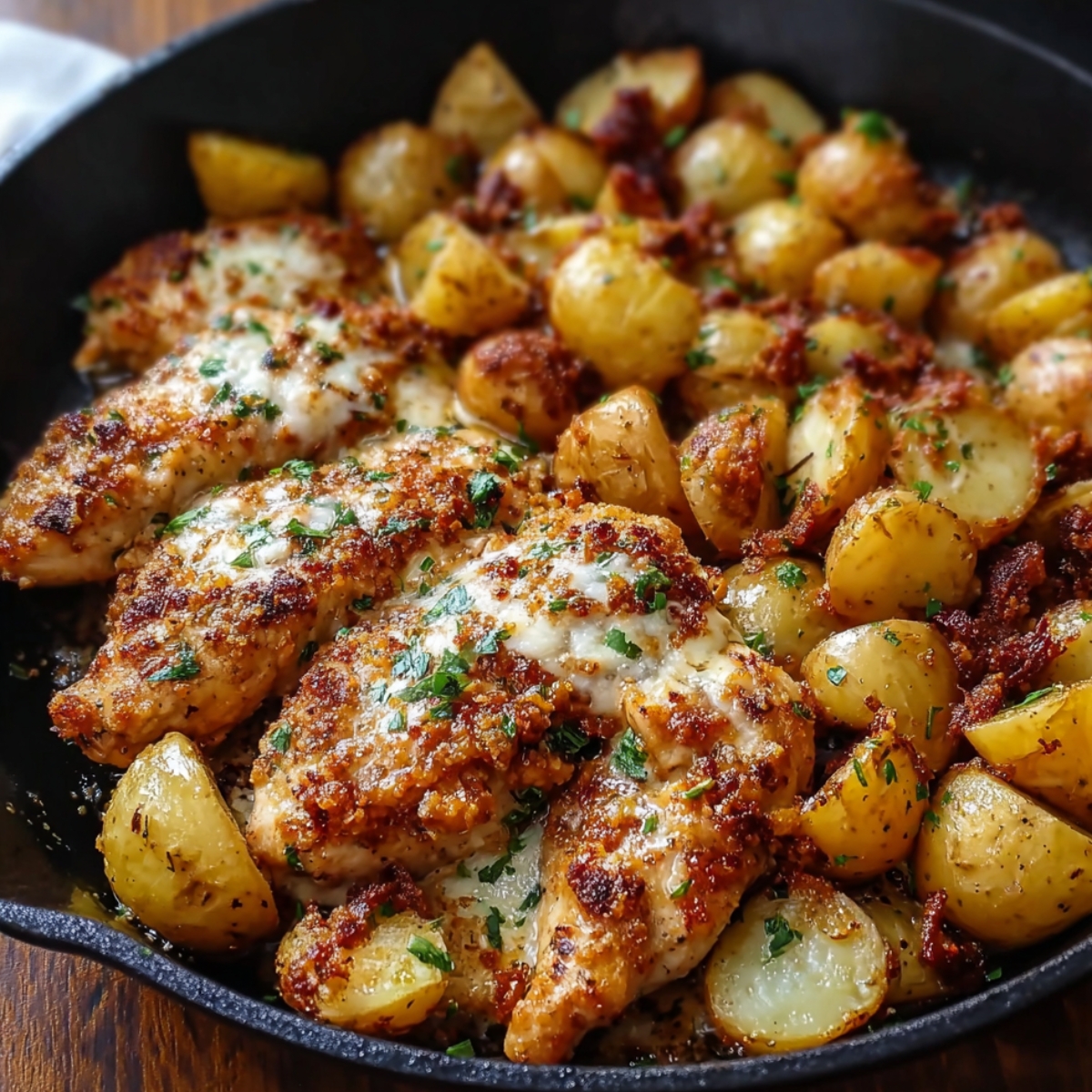 A plate of homemade garlic Parmesan chicken breast with melted cheese, paired with roasted golden potatoes, all garnished with fresh parsley.