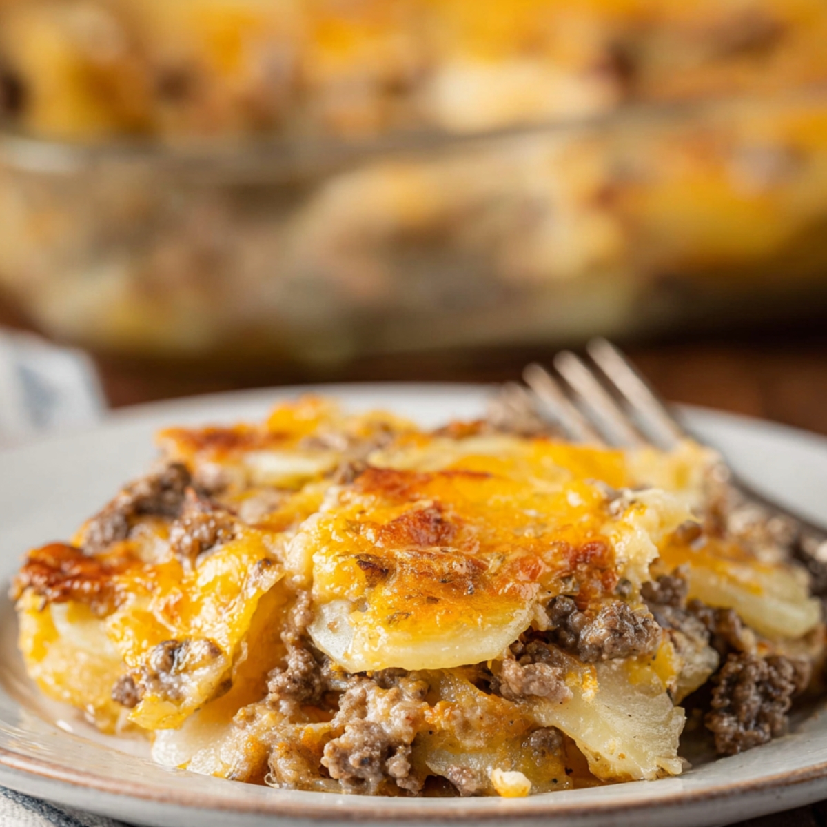 Hamburger Potato Casserole sits on a plate, layered with tender potatoes, browned beef, and golden melted cheese.
