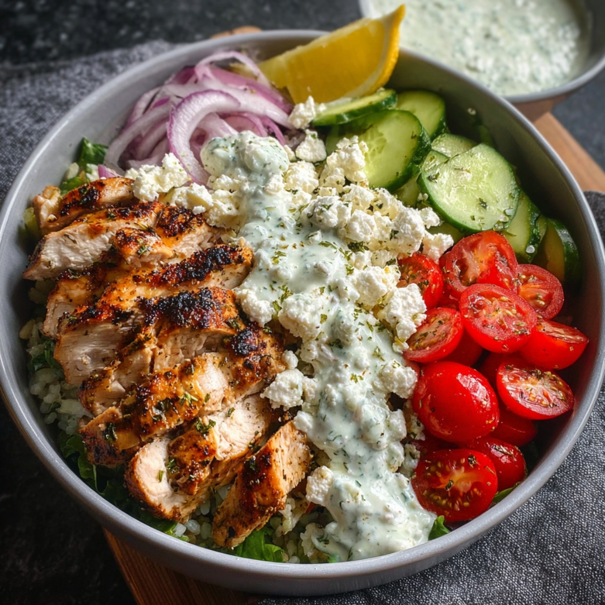 Homemade Greek Chicken Bowls filled with seasoned chicken, tomatoes, cucumbers, red onions, feta, lettuce, and tzatziki.