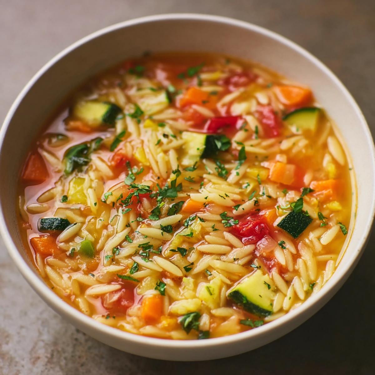 Homemade Orzo Vegetable Soup with diced vegetables and fresh herbs.