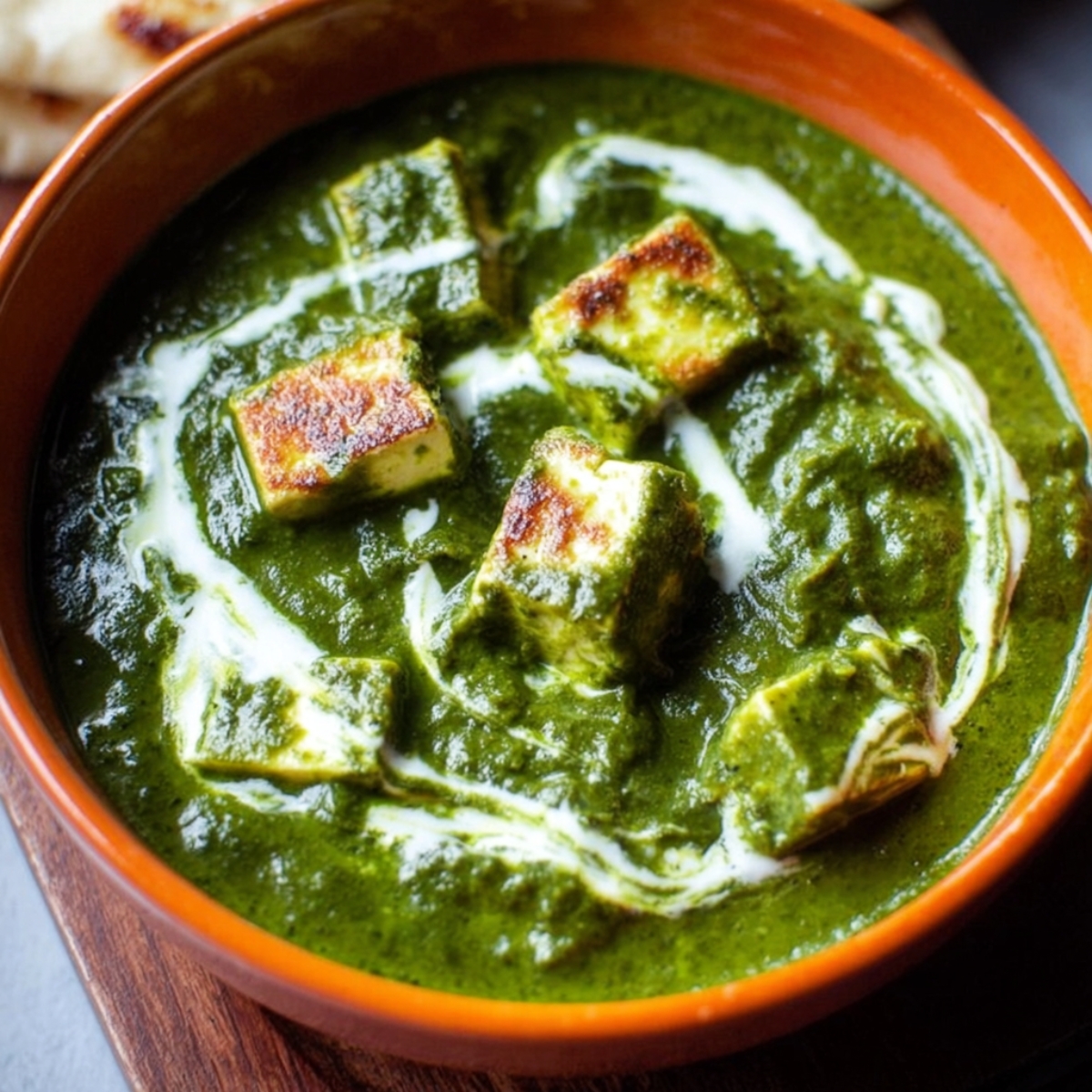 A bowl of creamy Palak Paneer with paneer cubes in a vibrant spinach gravy, topped with a swirl of cream, served with naan.