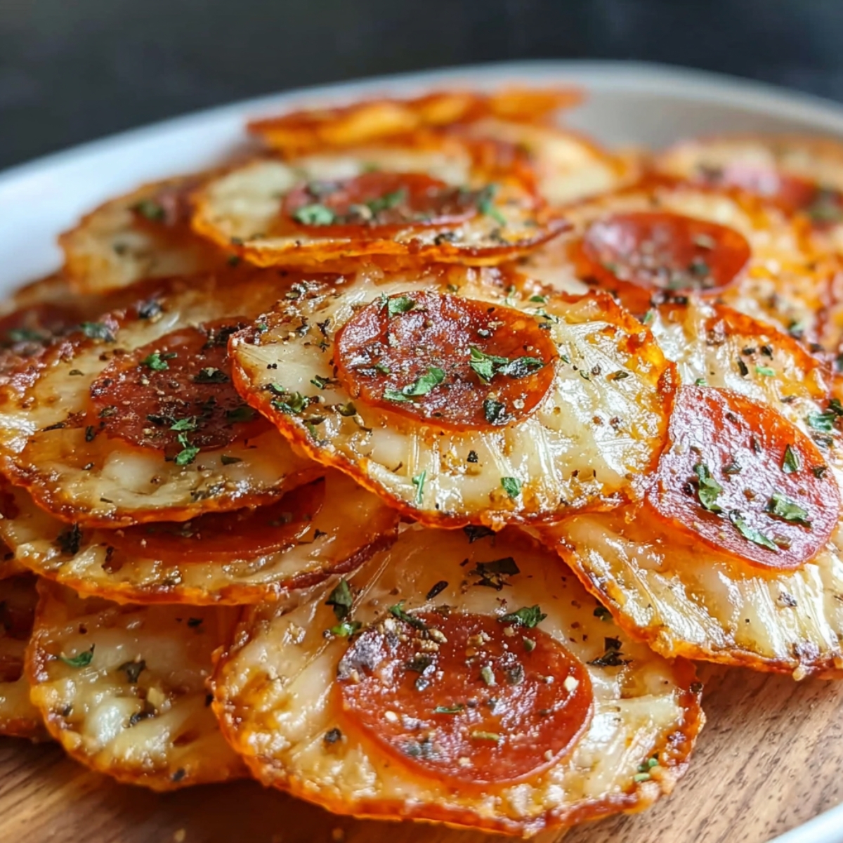 Homemade Pepperoni and Cheese Crisps, baked until bubbly and golden, sprinkled with herbs and cracked pepper.