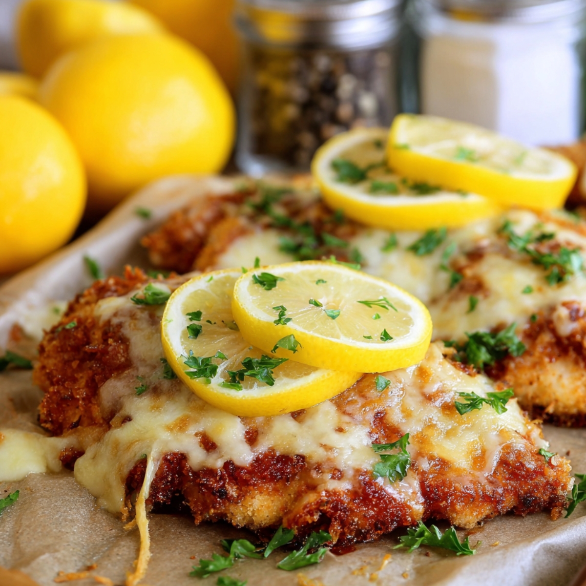 Crispy homemade lemon chicken Romano topped with melted cheese, fresh lemon slices, and chopped parsley.