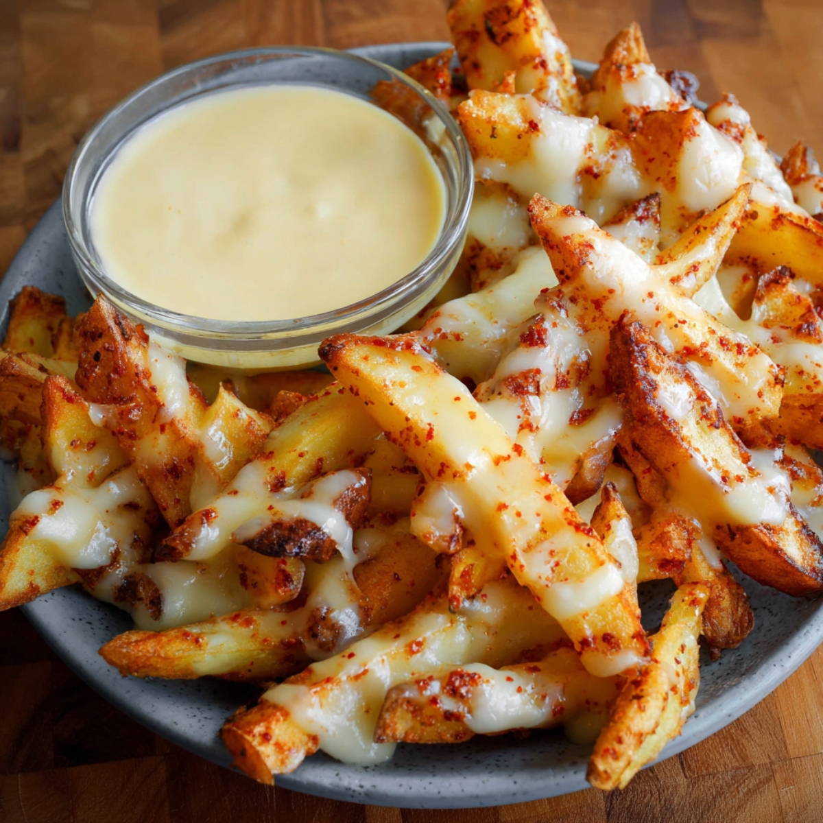 Plate of cheese-covered Louisiana Voodoo Fries with a side of creamy dipping sauce.
